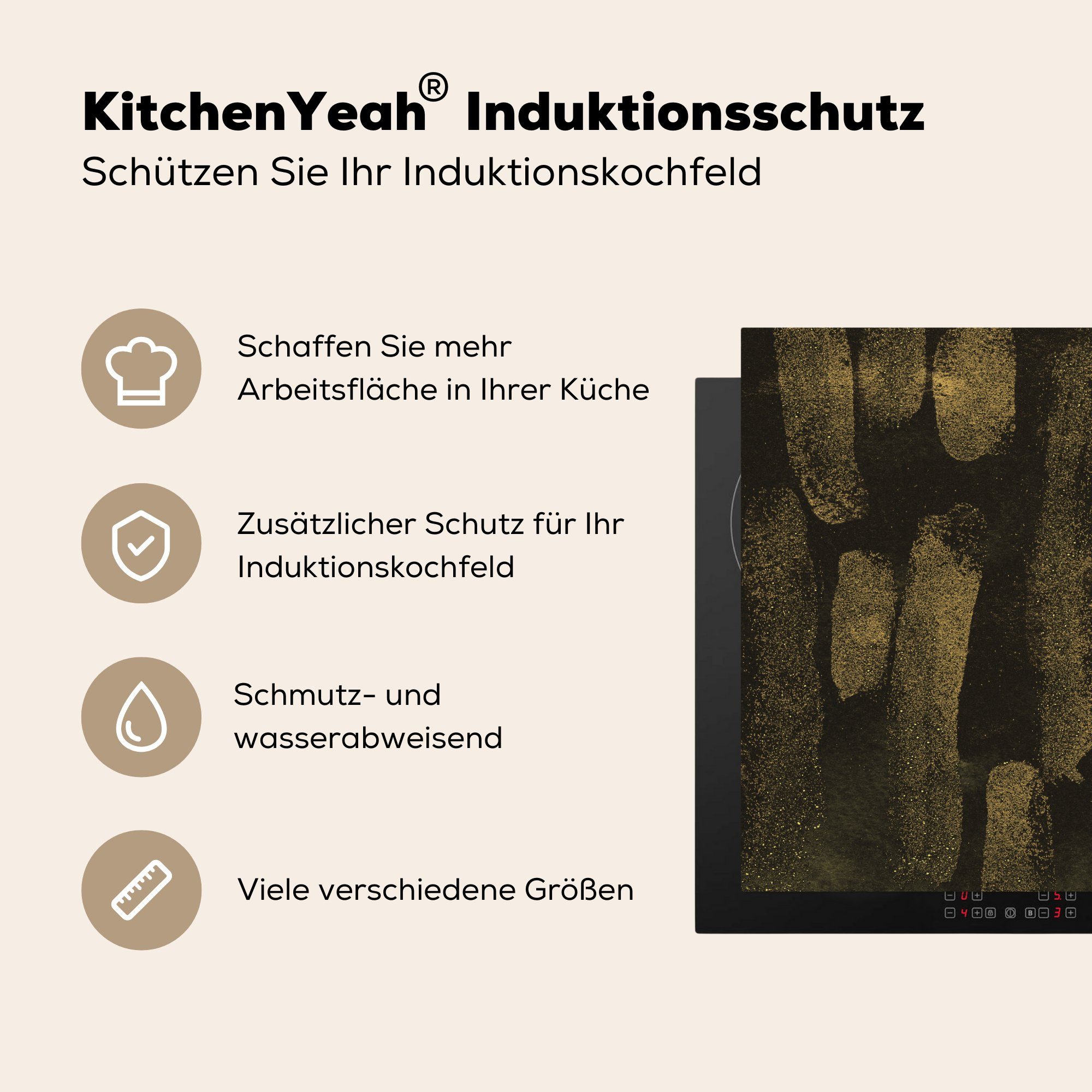 MuchoWow Herdblende-/Abdeckplatte Gold - - (1 Ceranfeldabdeckung, Vinyl, 78x78 für tlg), Schwarz cm, Arbeitsplatte Luxus, küche