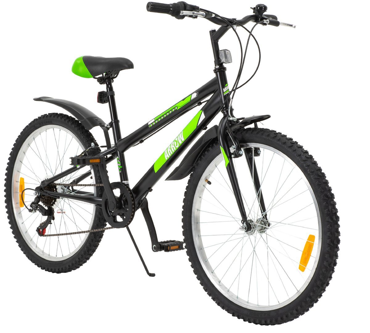 Actionbikes Motors Kinderfahrrad Kinder Fahrrad Dirt Bike BMX Arrow, 6 Gang, Kettenschaltung, (24 Zoll, ab 140 cm Körpergröße, 6 Gänge, Schutzblech, Reflektoren, Katzenaugen, Klingel, Seitenständer, Luftreifen, 1-tlg., V-Brake-Bremsen, Diamantrahmen, max. Zuladung 50 kg, schwarz / grün), höhenverstellbares Bike Jungen Mädchen Kinderrad ab 8 Jahre