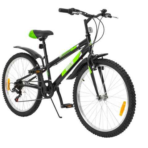 Actionbikes Motors Kinderfahrrad Kinder Fahrrad Dirt Bike BMX Arrow, 6 Gang, Kettenschaltung, (24 Zoll, ab 140 cm Körpergröße, 6 Gänge, Schutzblech, Reflektoren, Katzenaugen, Klingel, Seitenständer, Luftreifen, 1-tlg., V-Brake-Bremsen, Diamantrahmen, max. Zuladung 50 kg, schwarz / grün), höhenverstellbares Bike Jungen Mädchen Kinderrad ab 8 Jahre