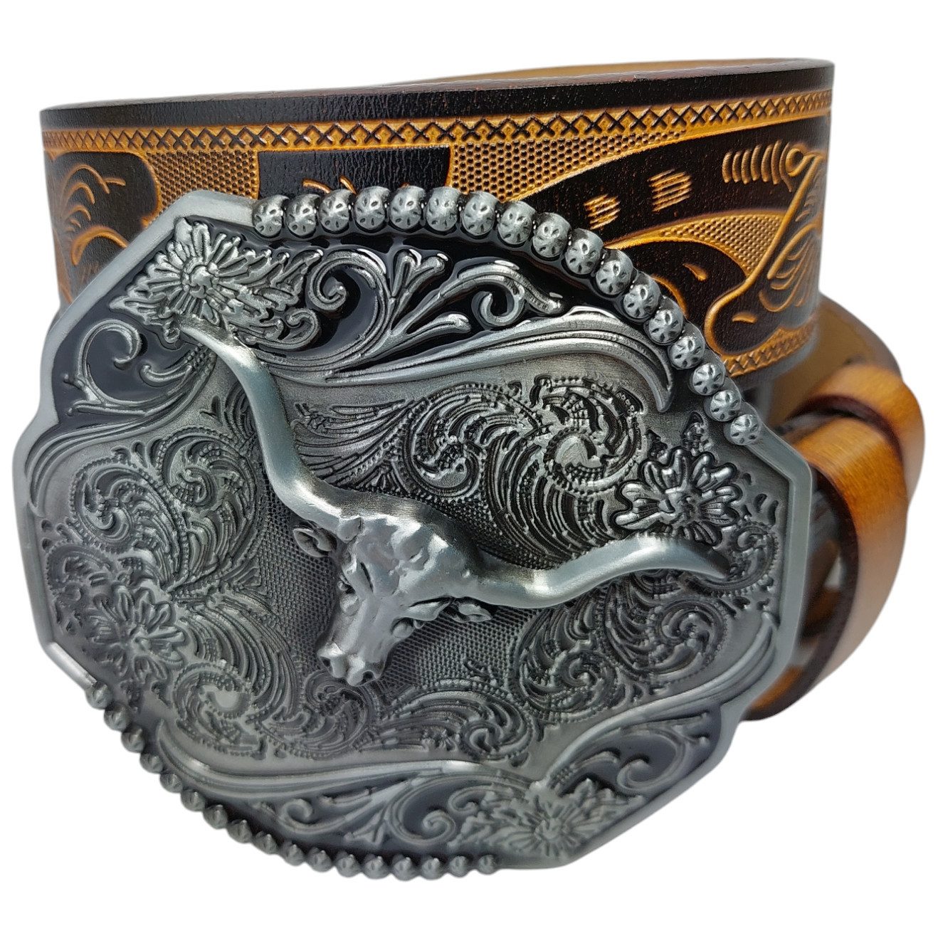 Ware aus aller Welt Ledergürtel Wild West Wechselgürtel Western Gürtel mit Longhorn Gürtelschnalle