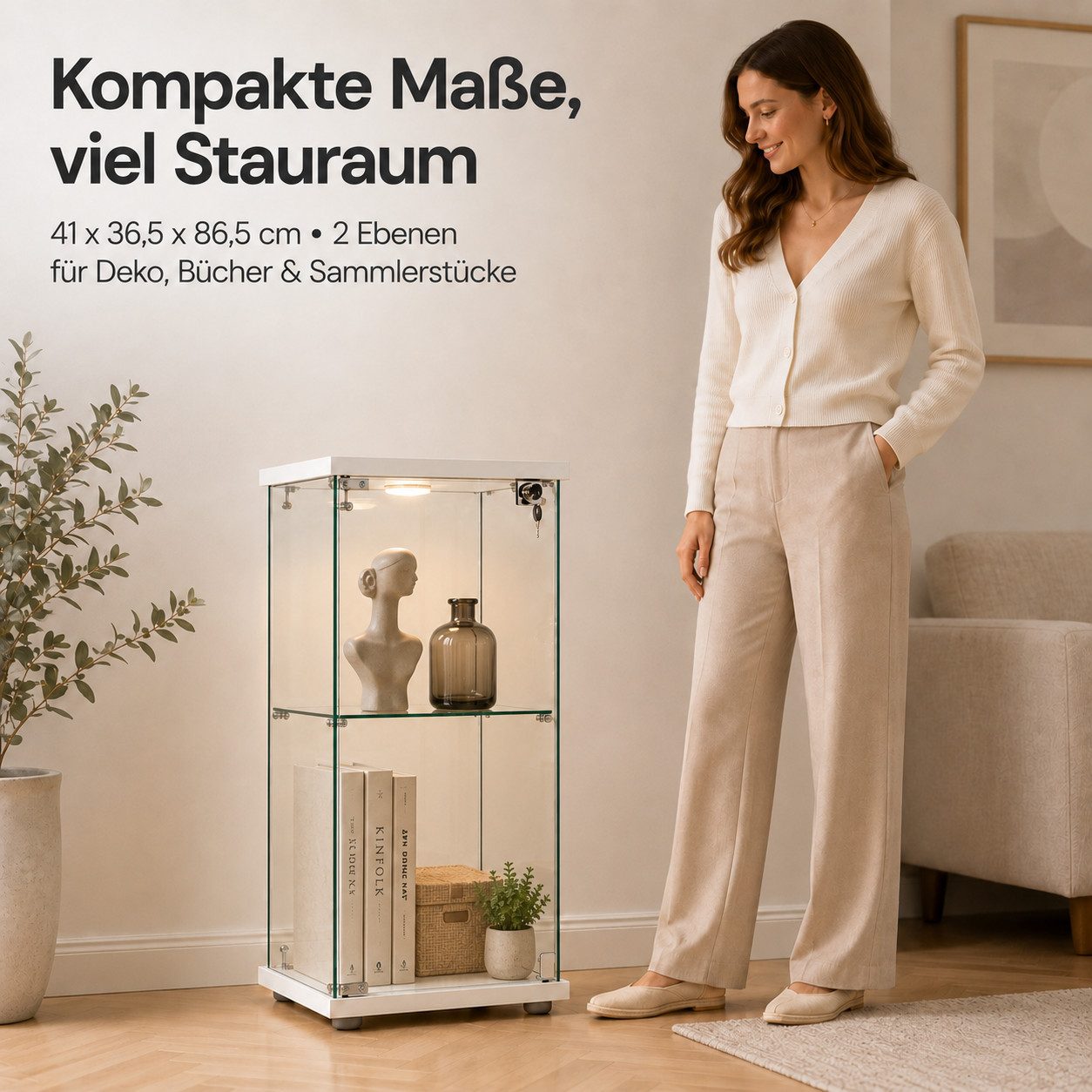 Simurq Glasvitrine Standvitrine mit LED und 1 Glastüren, 2 Lagen Glas Vitrinenschrank (Standvitrine aus Gehärtetes Glas und Holz, Glasschrank mit 1 Türen,Schlos – Bild 3 von 5