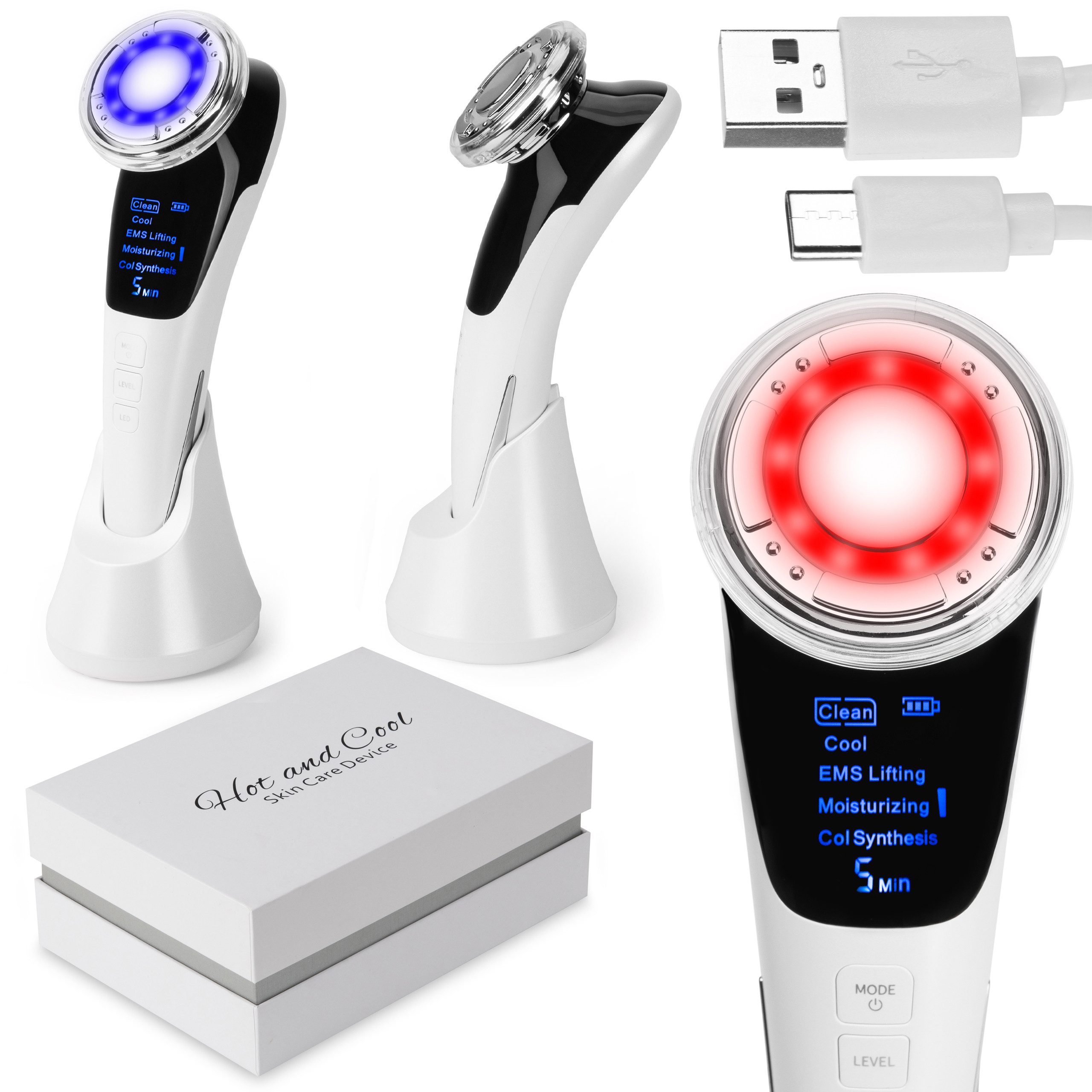 COIL Gesichtsmassagegerät Kosmetikgerät, EMS Lifting, Faltenreduzierung, LED-Lichttherapie, Erwärmung und Kühlung, Ionisation