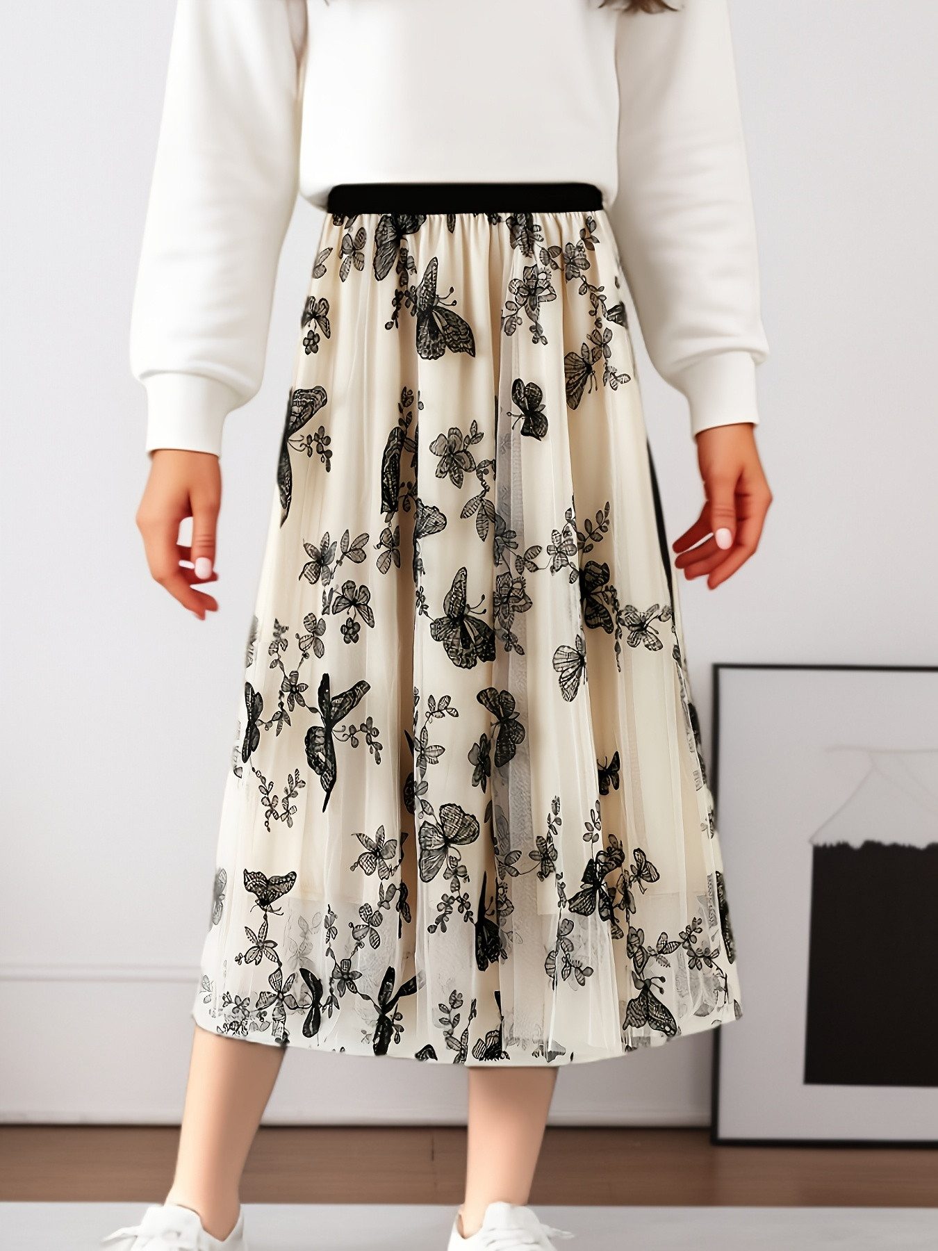 Meshrock Damen Tüll Blumendruck Elastischer mit hoher Taille Rock