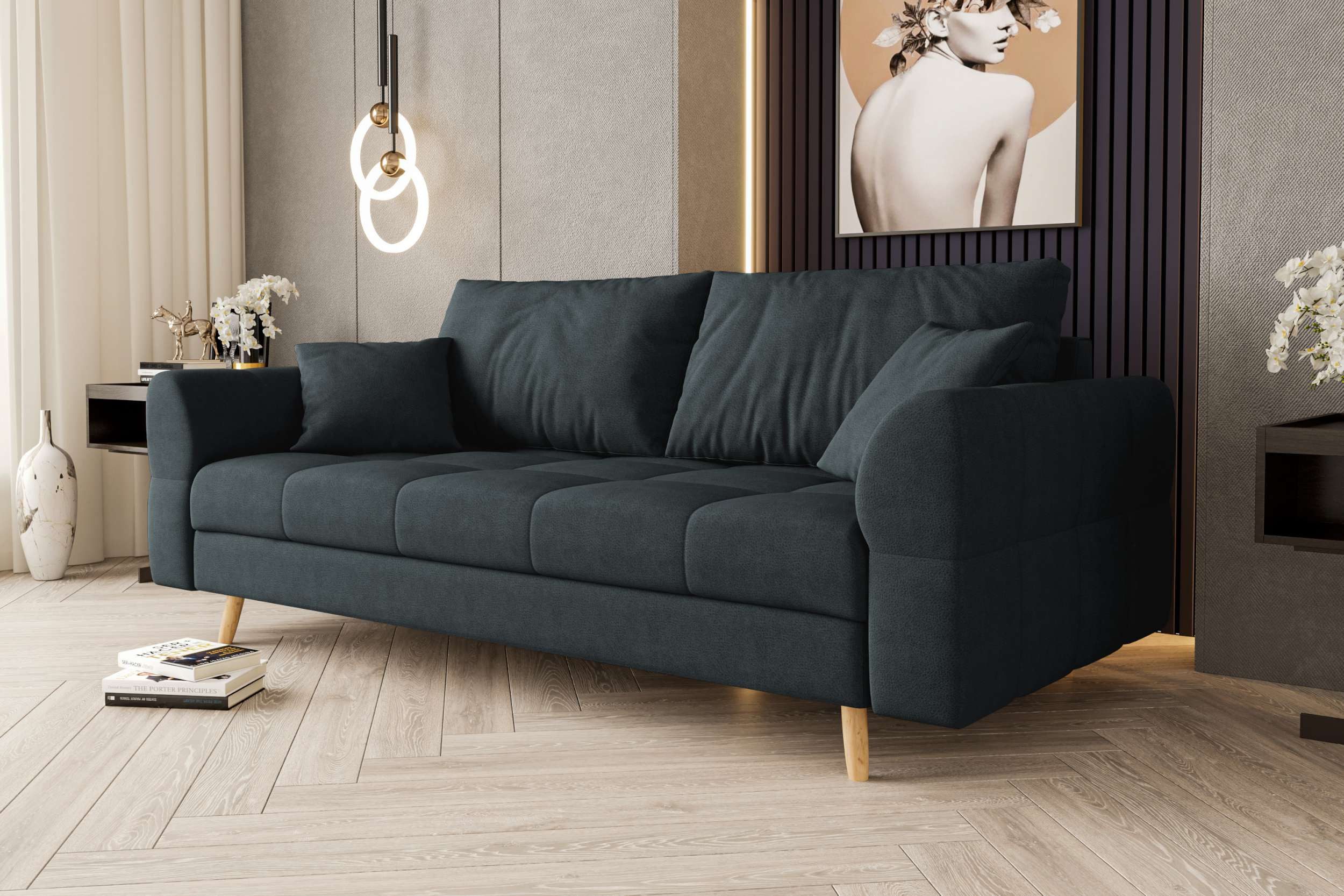 99rooms 3-Sitzer Bello, Sofa, 2-Sitzer Sofa, mit Rundumbezug, 2 Zier- und 2 Rückenkissen, hellbraune Holzfüße