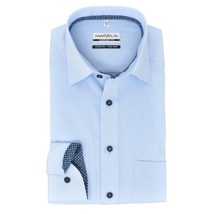 MARVELIS Businesshemd Businesshemd - Comfort Fit - Langarm - Einfarbig - Hellblau mit Kontrastknöpfen und Besatz