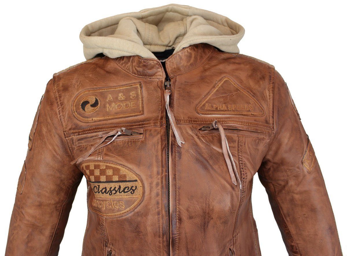 Alpha Speeds Motorradjacke - /Freizeit Damen Lammlederjacke Bikerjacke Highway 11 (mit einer abnehmbaren Kapuze) aus weichem Lammleder, inklusive einsetzbarer Protektoren