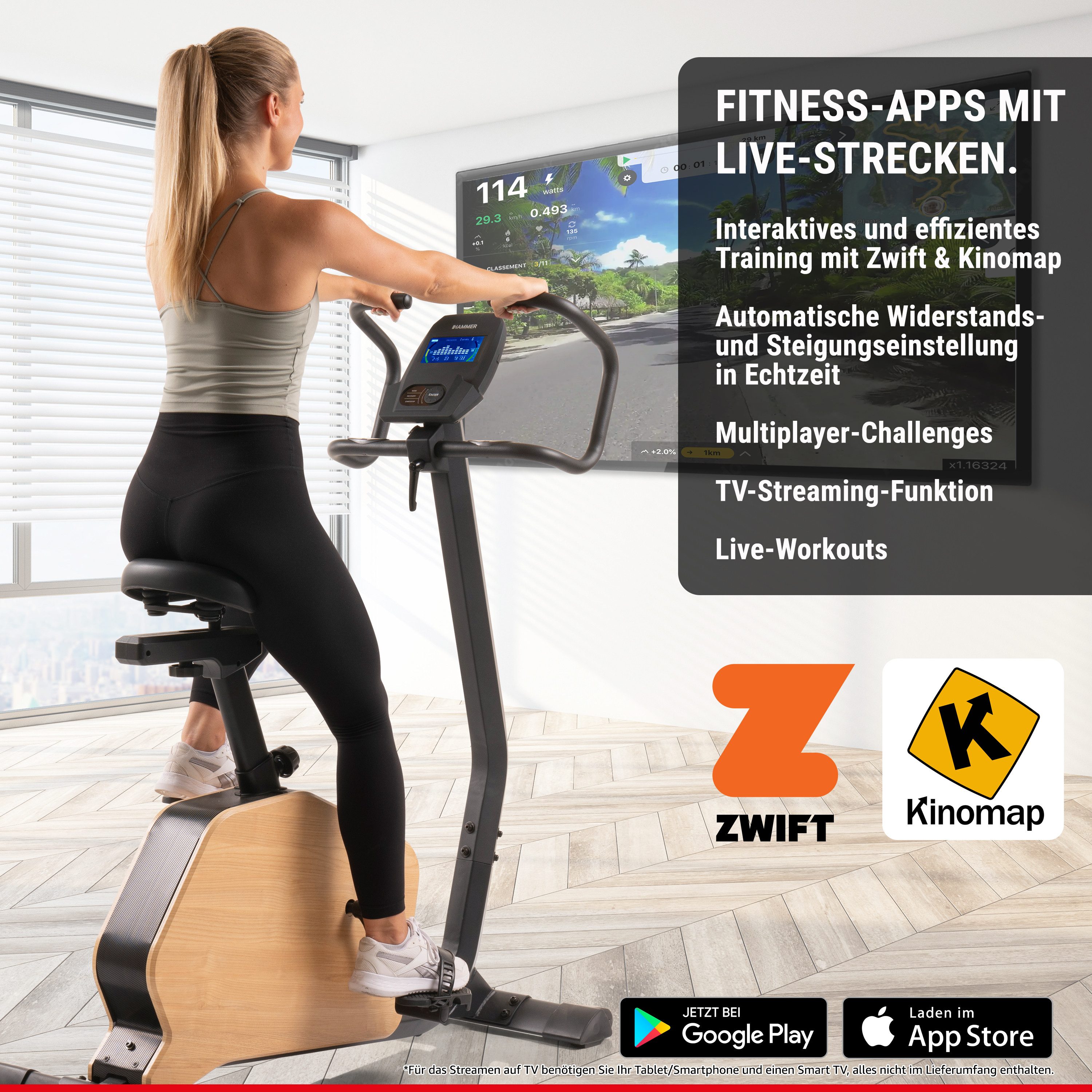 Hammer Heimtrainer CardioPace 5.0 NorsK, edles Holz-Design, 36 Programme, Zwift & Kinomap – Bild 4 von 5