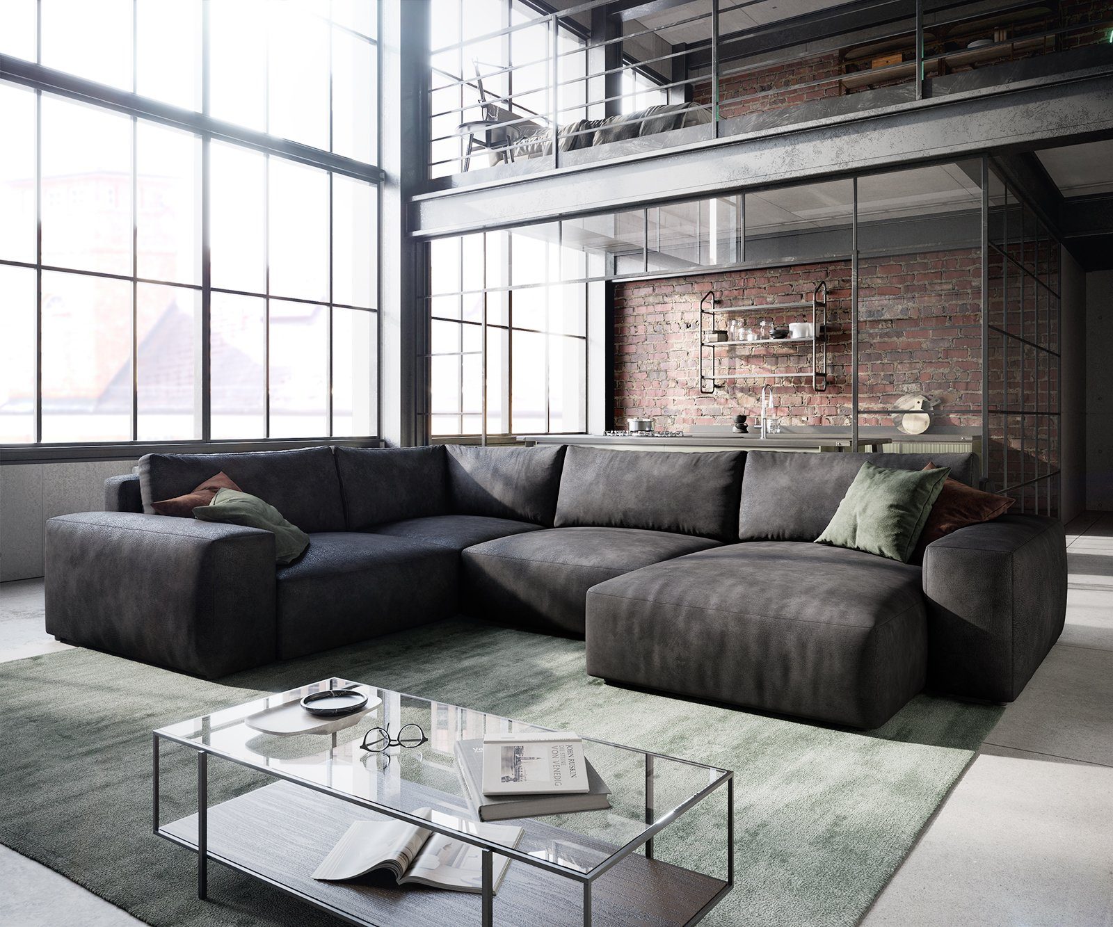 DELIFE Wohnlandschaft Lanzo, Lederimitat Vintage Anthrazit 300x210 cm Recamiere variabel