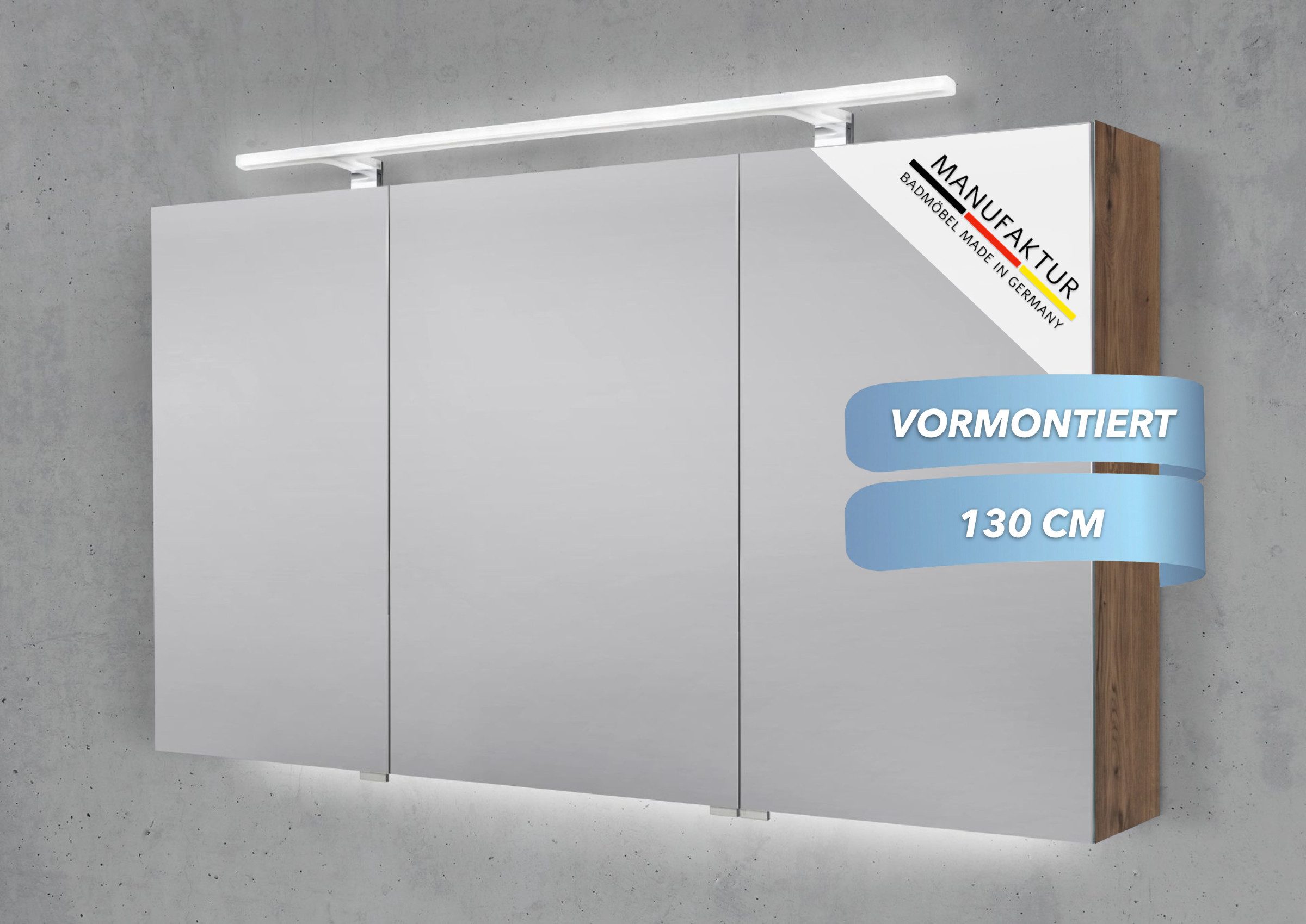 Intarbad Badezimmerspiegelschrank 3-türiger Spiegelschrank mit MULTI LED Acryl Aufsatzleuchte, dimmbar (Doppelspiegeltüren, Holz-/ Lackdekore, Maße von 120 bis 140 cm wählbar, Höhe 70 cm, Glasfachböden, Magnetleiste & Kosmetikspiegel Ø 12 cm) Vormontierte Lieferung, Floatglas, 160 kg Traglast, Made in Germany