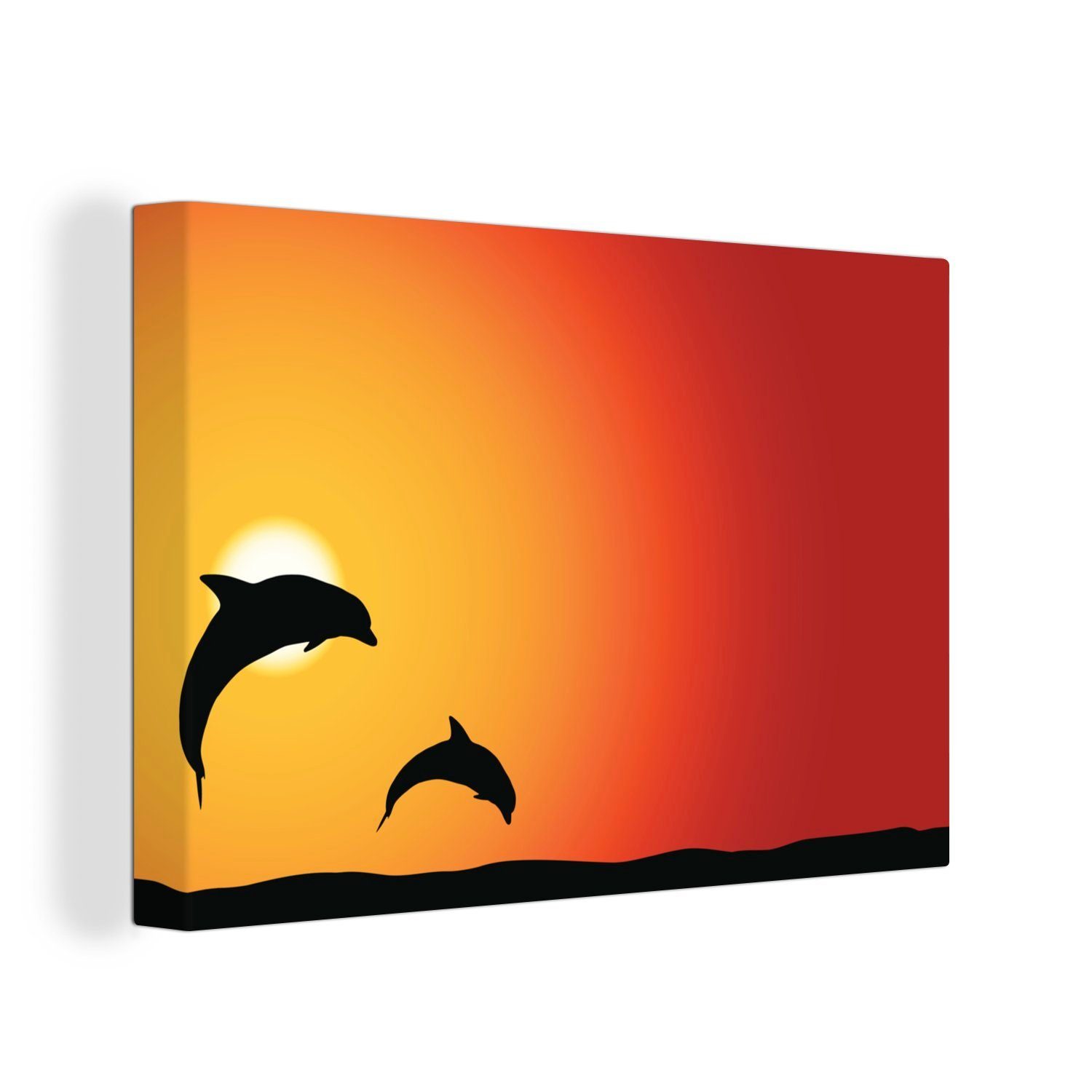 OneMillionCanvasses® Leinwandbild Delfine - Silhouette - Sonnenuntergang, (1 St), Wandbild Leinwandbilder, Aufhängefertig, Wanddeko, 30x20 cm