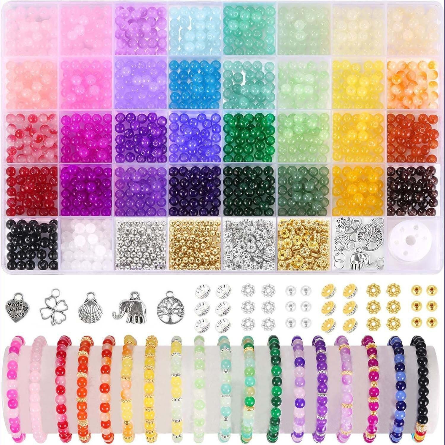 nsihing Ketten und Armband Set 1435 Stück Glasperlen, 6mm 34 Farben Perlen für Armbänder (Perlen Set für Armband Basteln Schmuckherstellung, 1435-tlg), Perlens zum Auffädeln für Erwachsene Mädchen