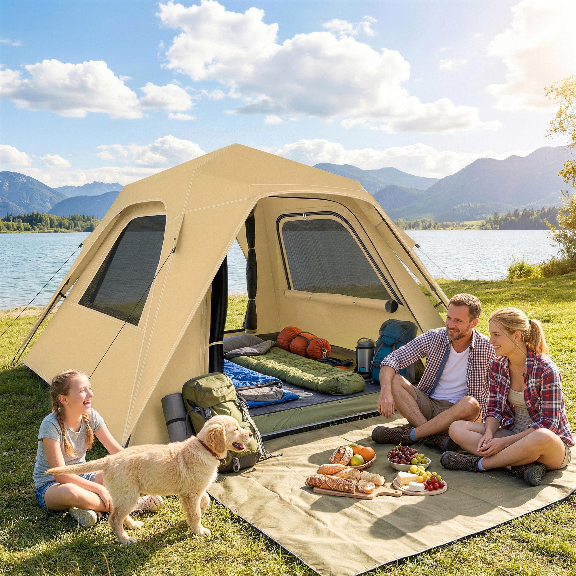 Outsunny Kuppelzelt mit Regenschutz 2 Türen 2 Fenstern Tragetasche, Personen: 3 (wasserdicht Familienzelt, 1 tlg., Instant-Pop-Up-Zelt), 240 x 240 x 160 cm Khaki