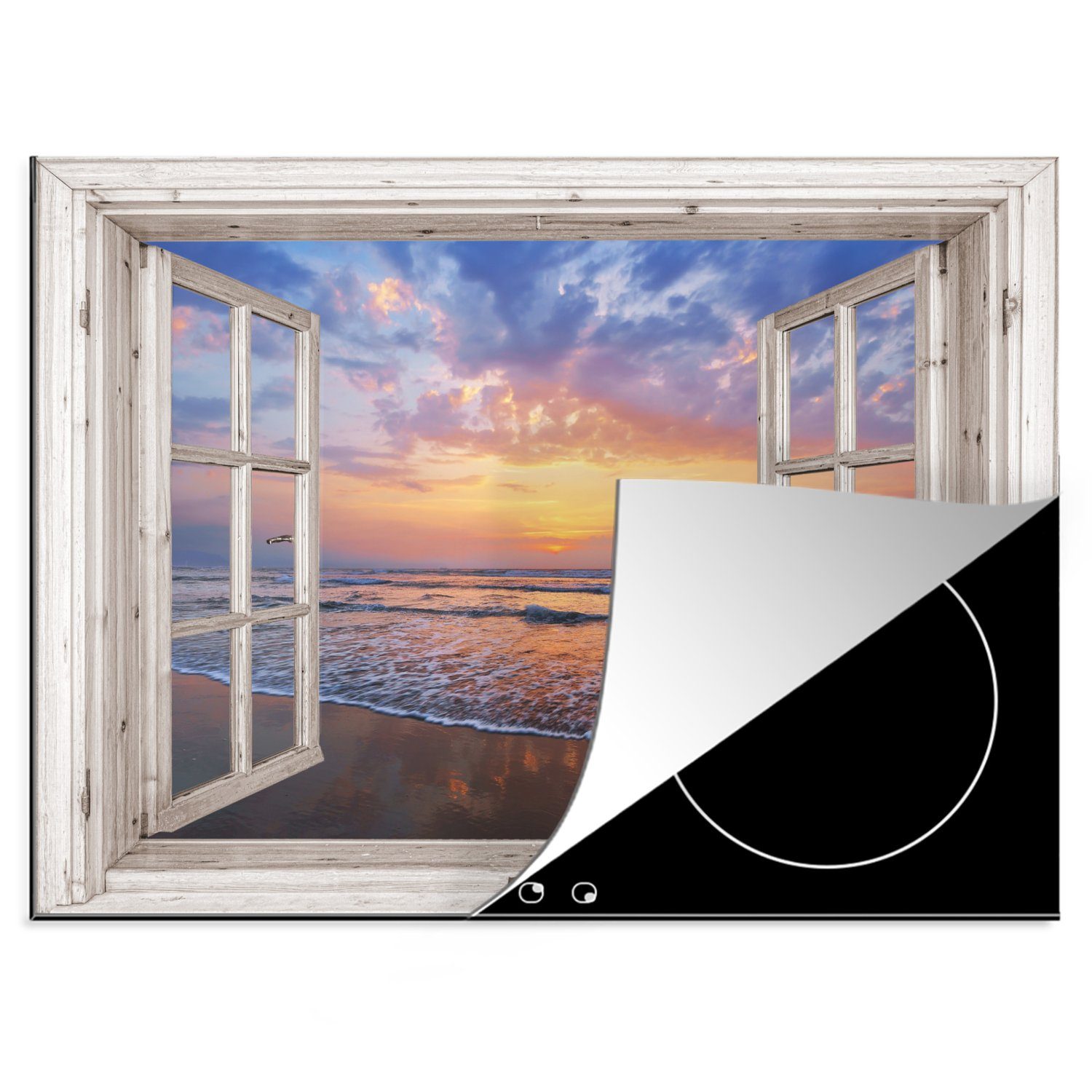 MuchoWow Herdblende-/Abdeckplatte Aussicht - Meer - Strand - Sonnenuntergang - Blau, Vinyl, (1 tlg), 70x52 cm, Mobile Arbeitsfläche nutzbar, Ceranfeldabdeckung