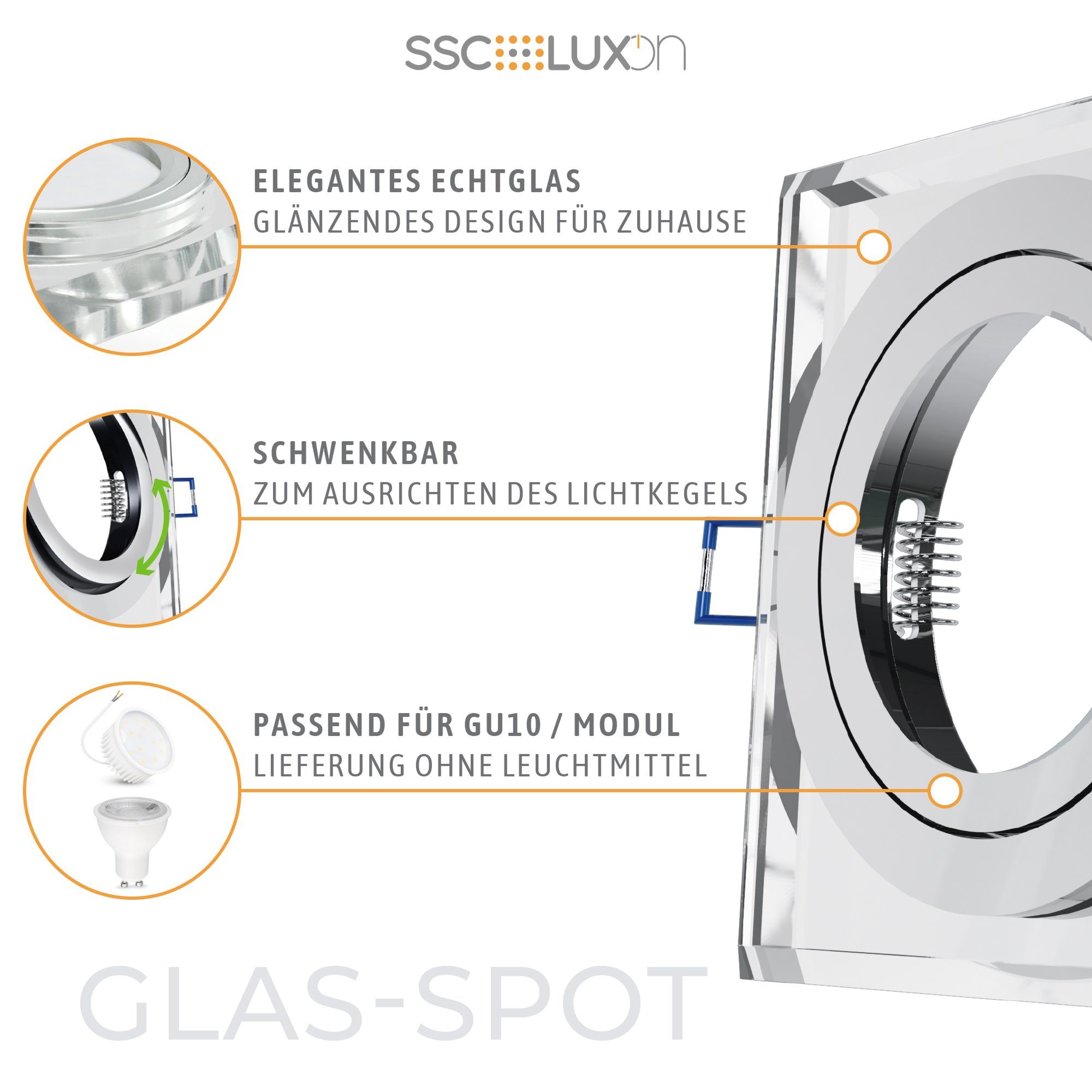 SSC-LUXon Innenring Schwenkbare Alu Einbauleuchte Einbaustrahler spiegelnd Glas LED eckige - klar
