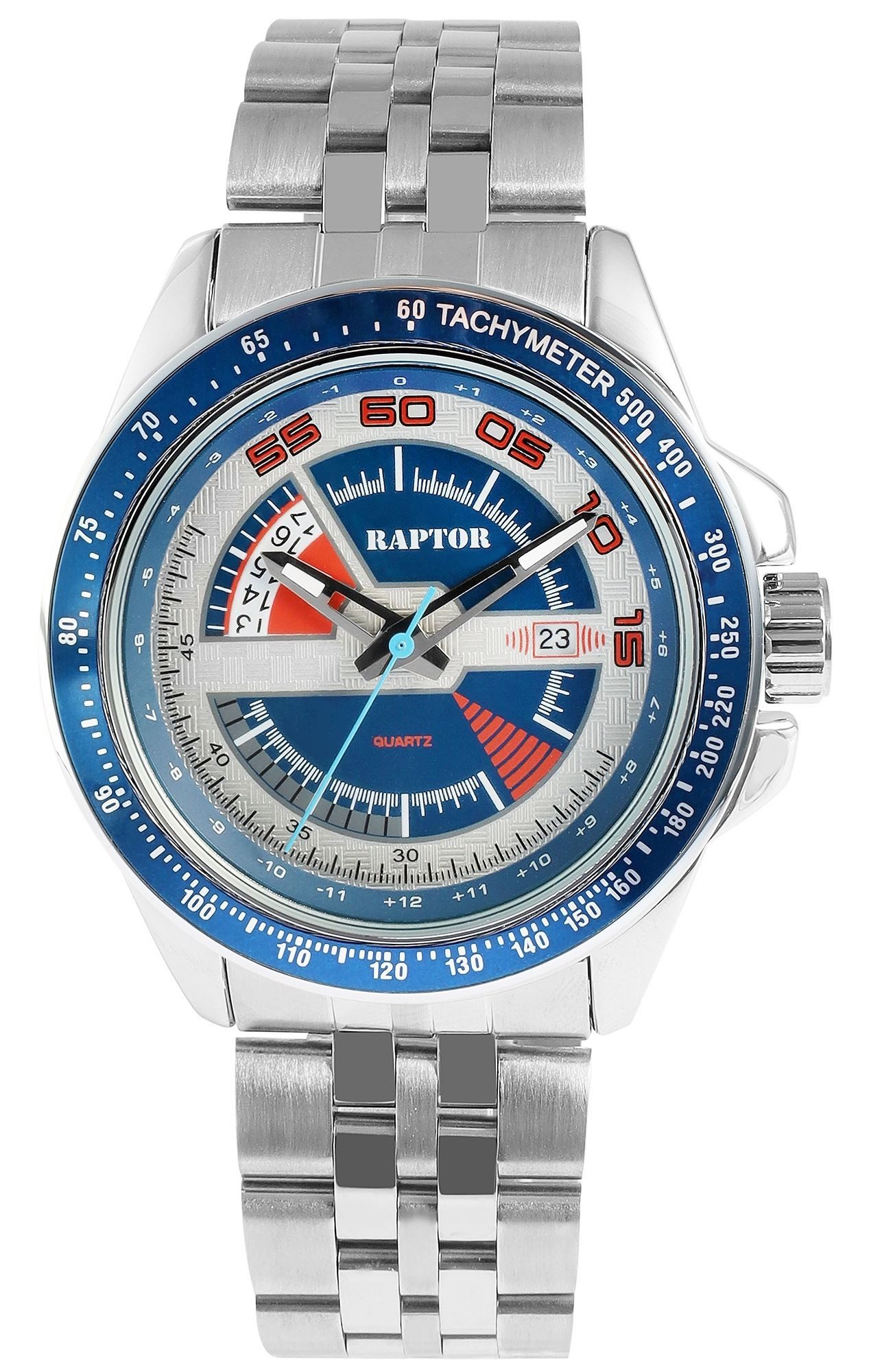 Raptor Quarzuhr aus Edelstahl mit Datumsanzeige und Tachymeter, kürzbar