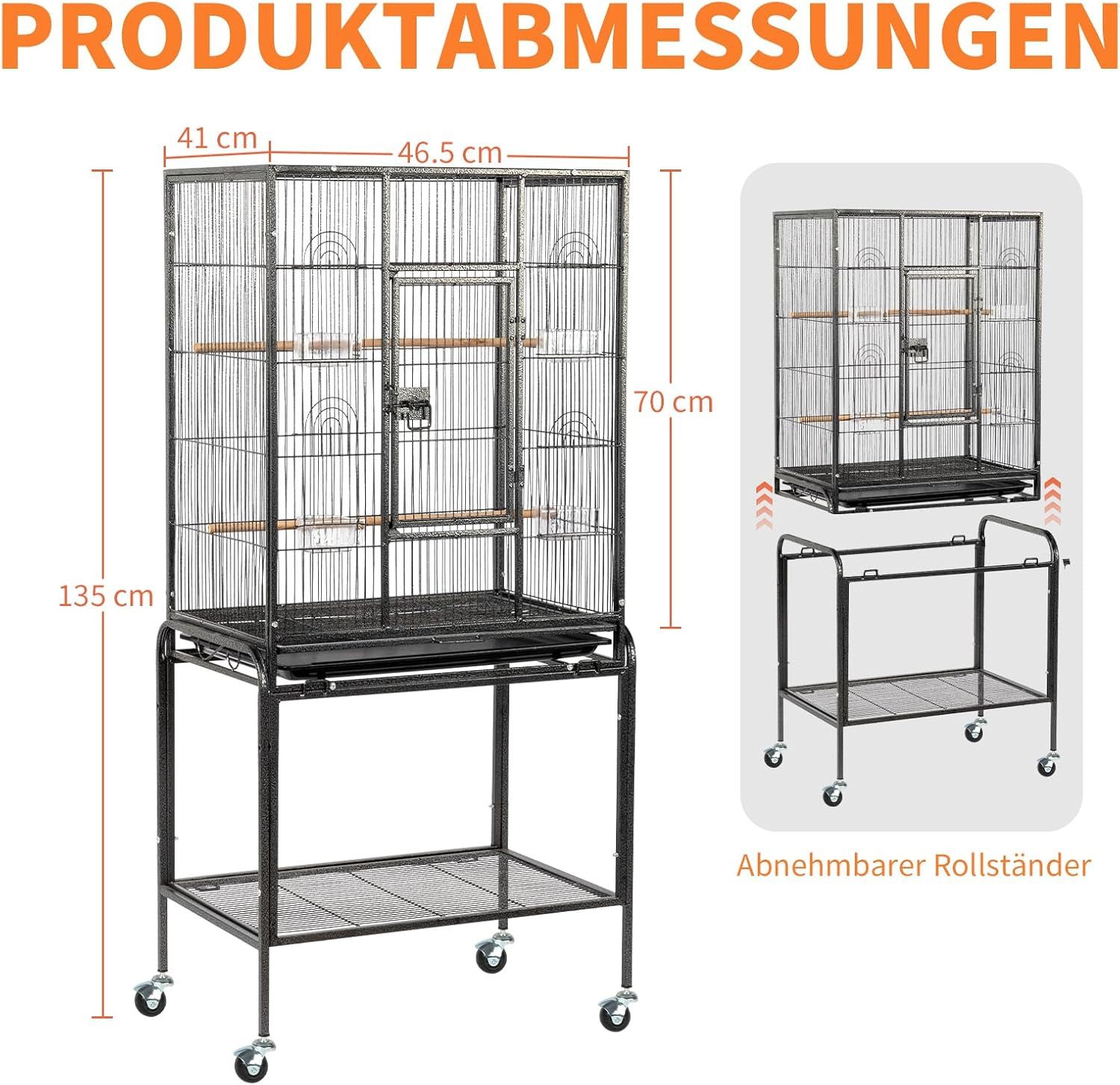 LALAHO Vogelkäfig Vogelvoliere groß mit Ständer, Holzstangen und 4 Rollen, Wellensittich Käfig mit abnehmbares Tablett, 64 x 41 x 135 cm