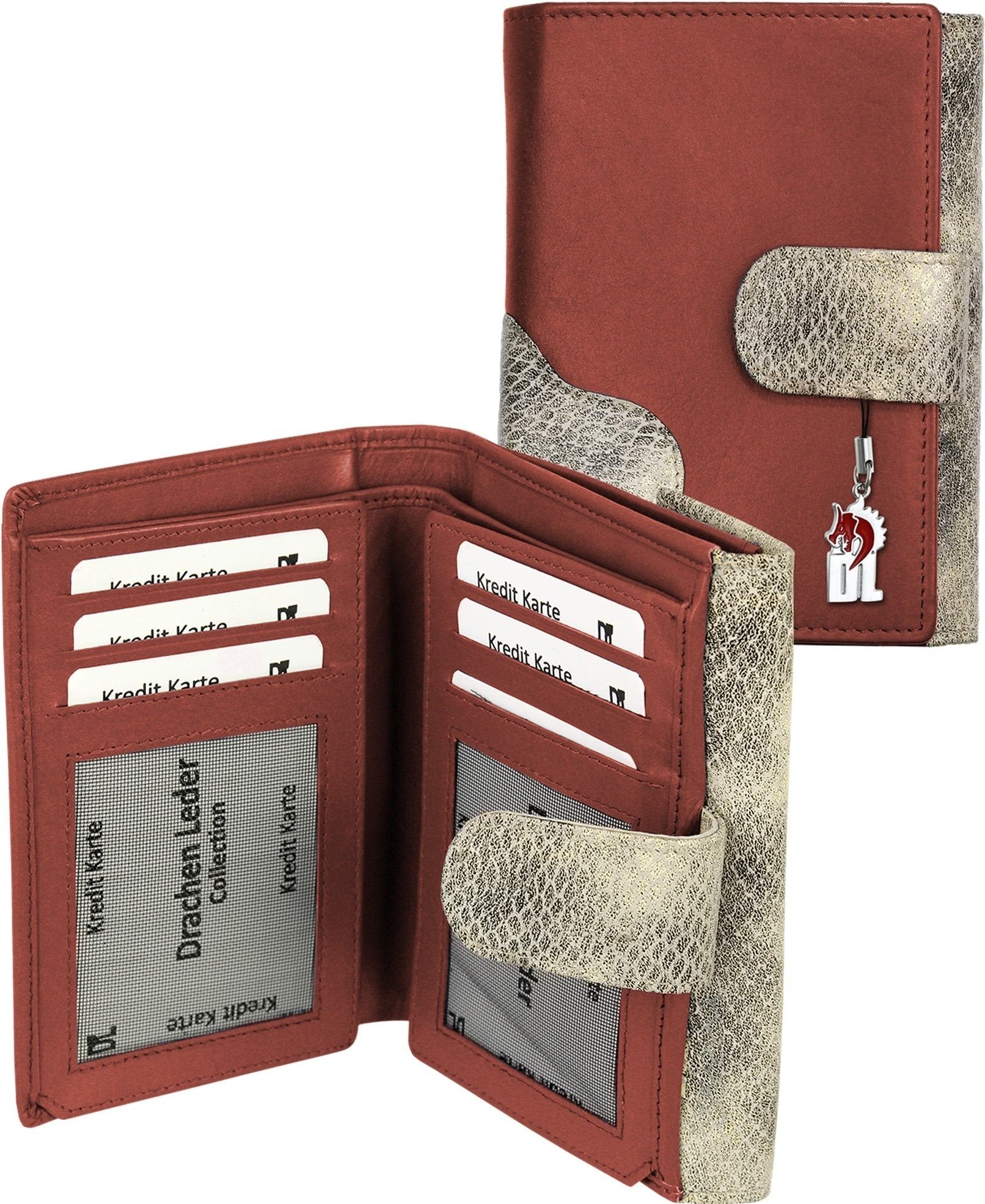 DrachenLeder Geldbörse DrachenLeder Geldbörse Brieftasche rot (Portemonnaie, Portemonnaie), Damen, Jugend Portemonnaie Echtleder Größe ca. 10cm, rot, grau, Schlan