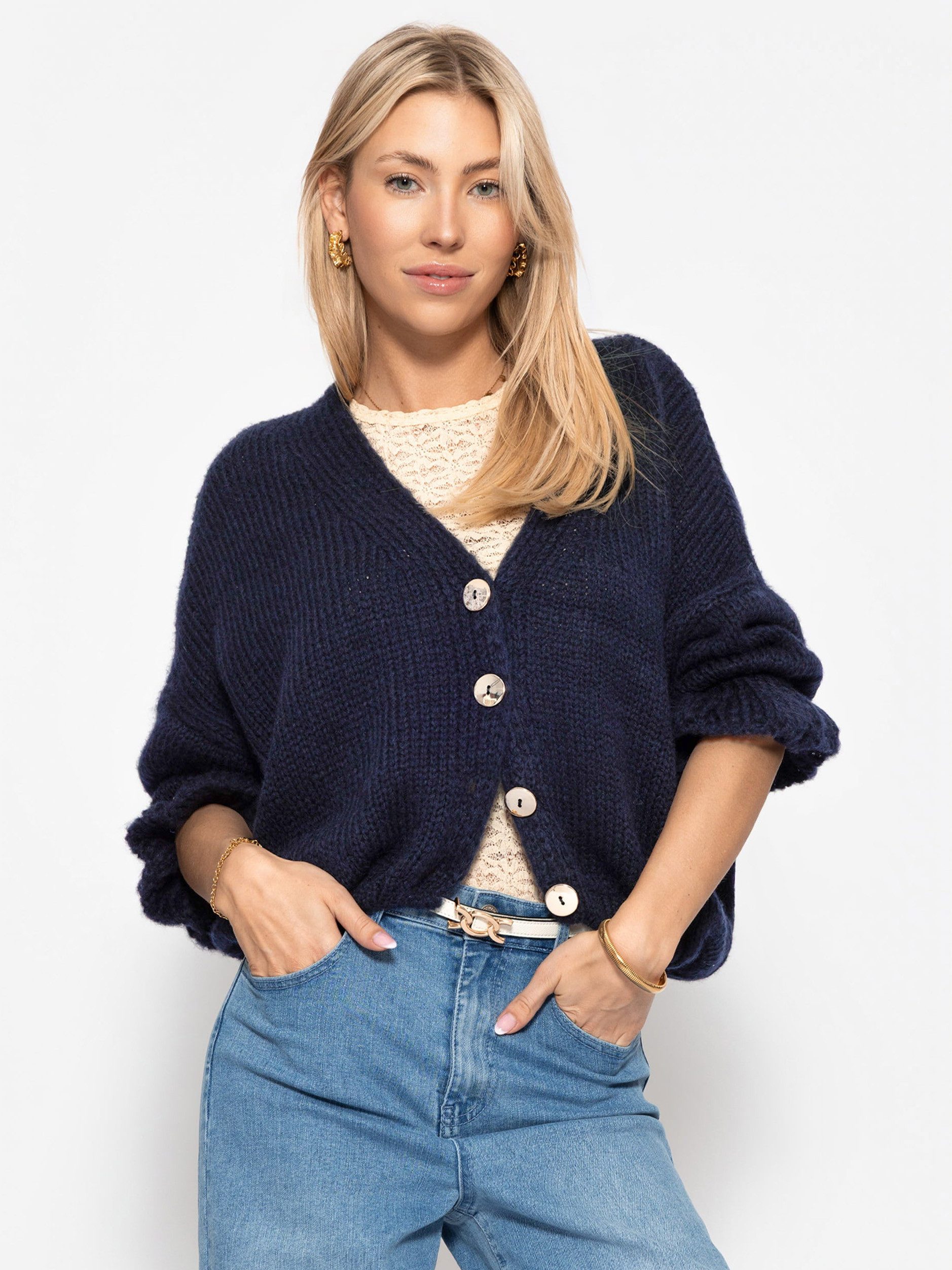 SASSYCLASSY Cardigan Strickjacke mit 3/4 Ärmeln für Damen Locker geschnittener Cardigan aus Strick in Schwarz
