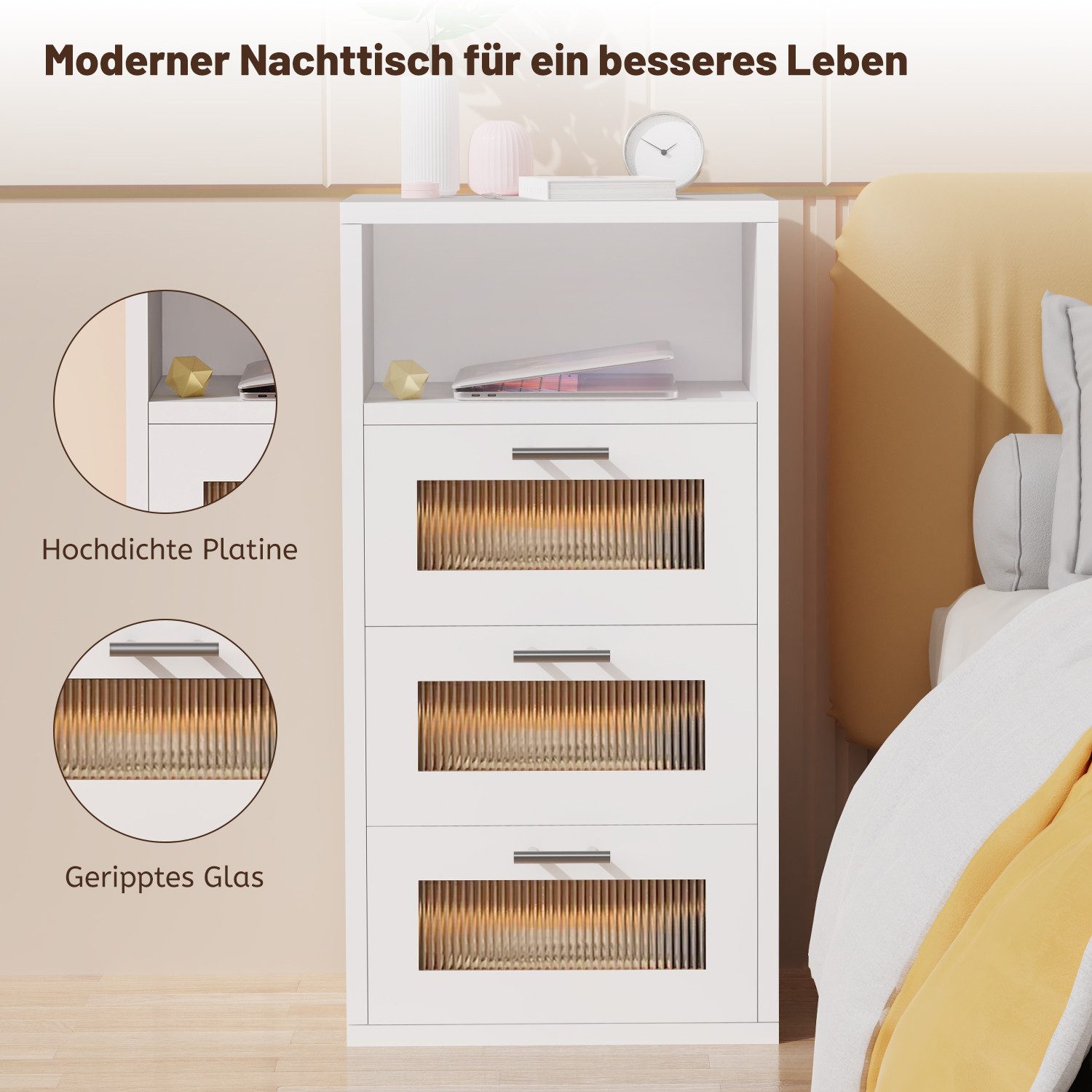 oyajia Nachttisch mit 2/3 Schubladen, Beistelltisch mit Ladestation und LED, Mit USB und Typ-C Anschlüsse, offenes Fach