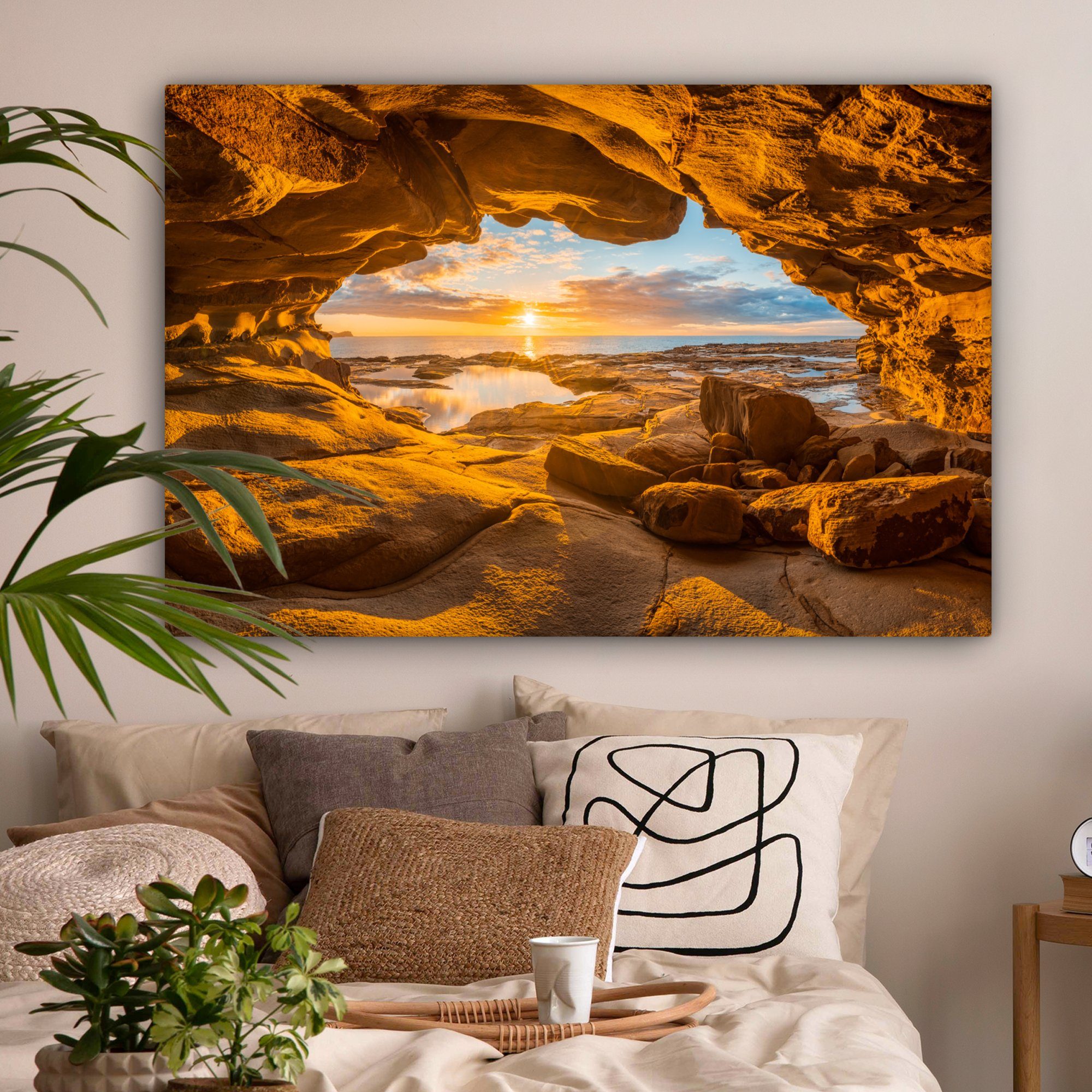 für Gemälde, OneMillionCanvasses® Wohnbereiche, (1 XXL, - Wandbild Höhle Sonnenuntergang, großes, Horizont St), Leinwandbild - 120x80 - cm Meer alle