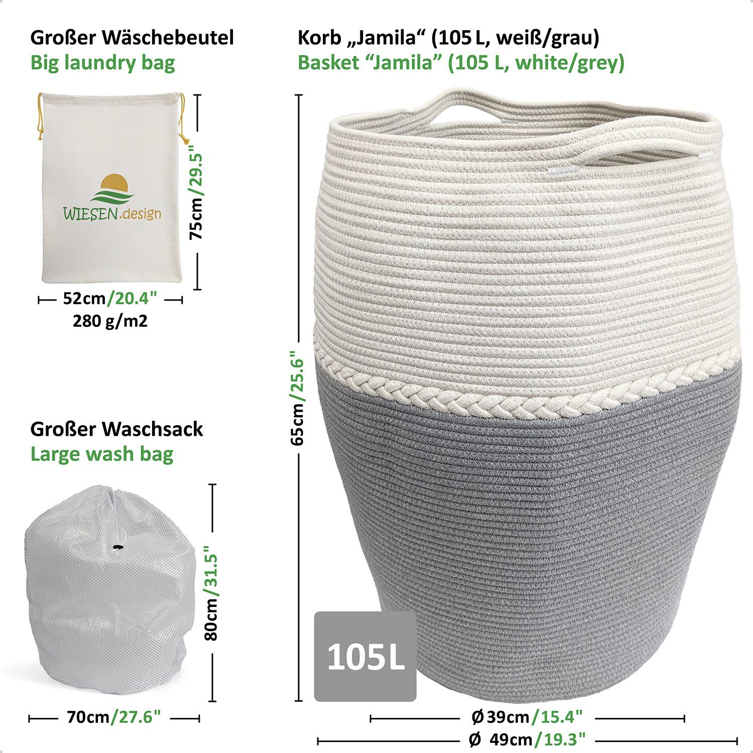 WIESEN.design Wäschekorb Jamila Ø46/39xH65cm 105L, 100% günstig online kaufen