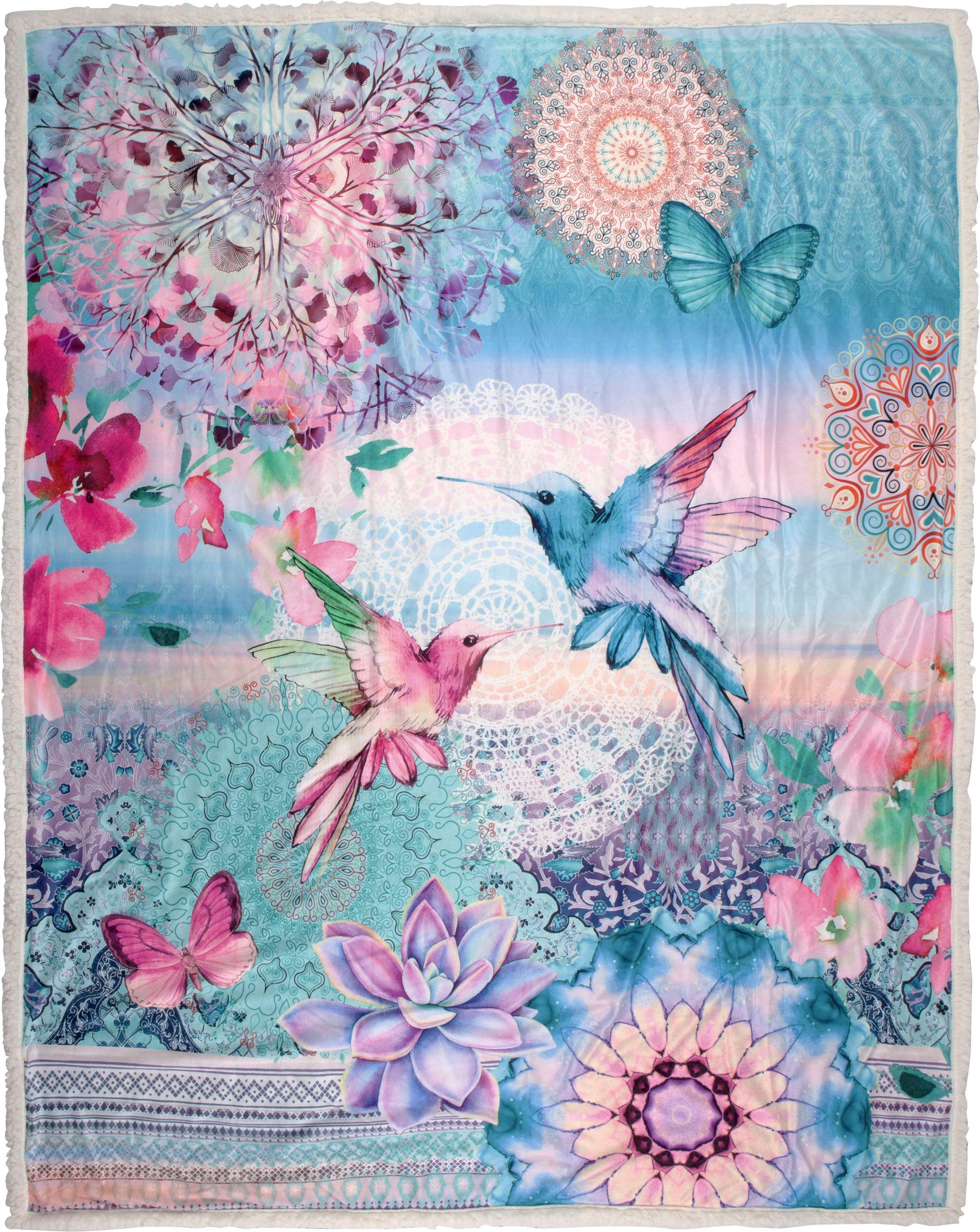 Plaid Ganesha, hip, Sehr Weich, Kuscheldecke, Wohndecke, 130x160 cm, Wendeoptik, Vogel