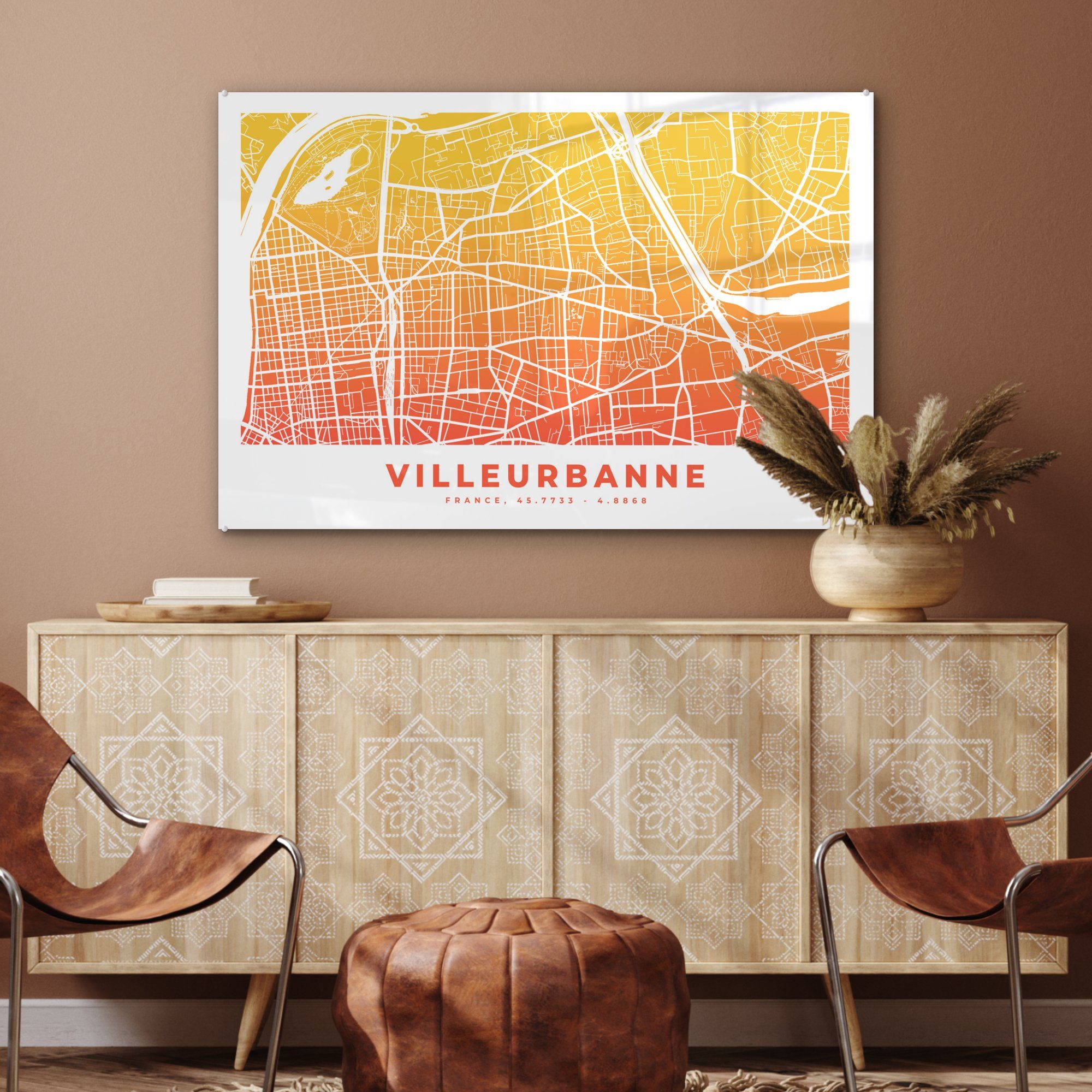 MuchoWow Schlafzimmer Villeurbanne, Acrylglasbilder (1 & - Frankreich Wohnzimmer St), Stadtplan Acrylglasbild -