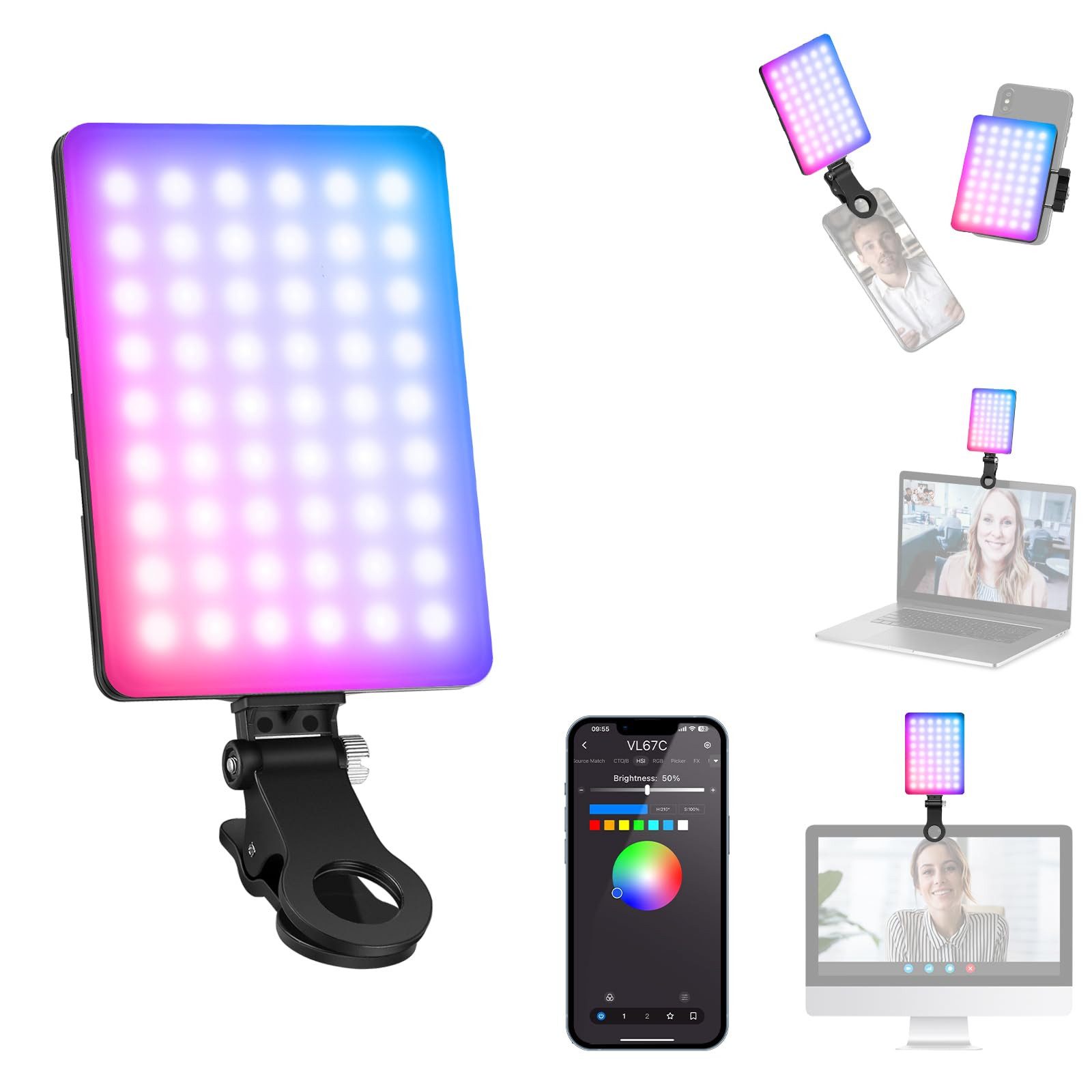 Neewer Videoleuchte VL67C RGB Selfie-Licht für iPhone, App, CRI97, 2000mAh, Akku (fest eingebaut)
