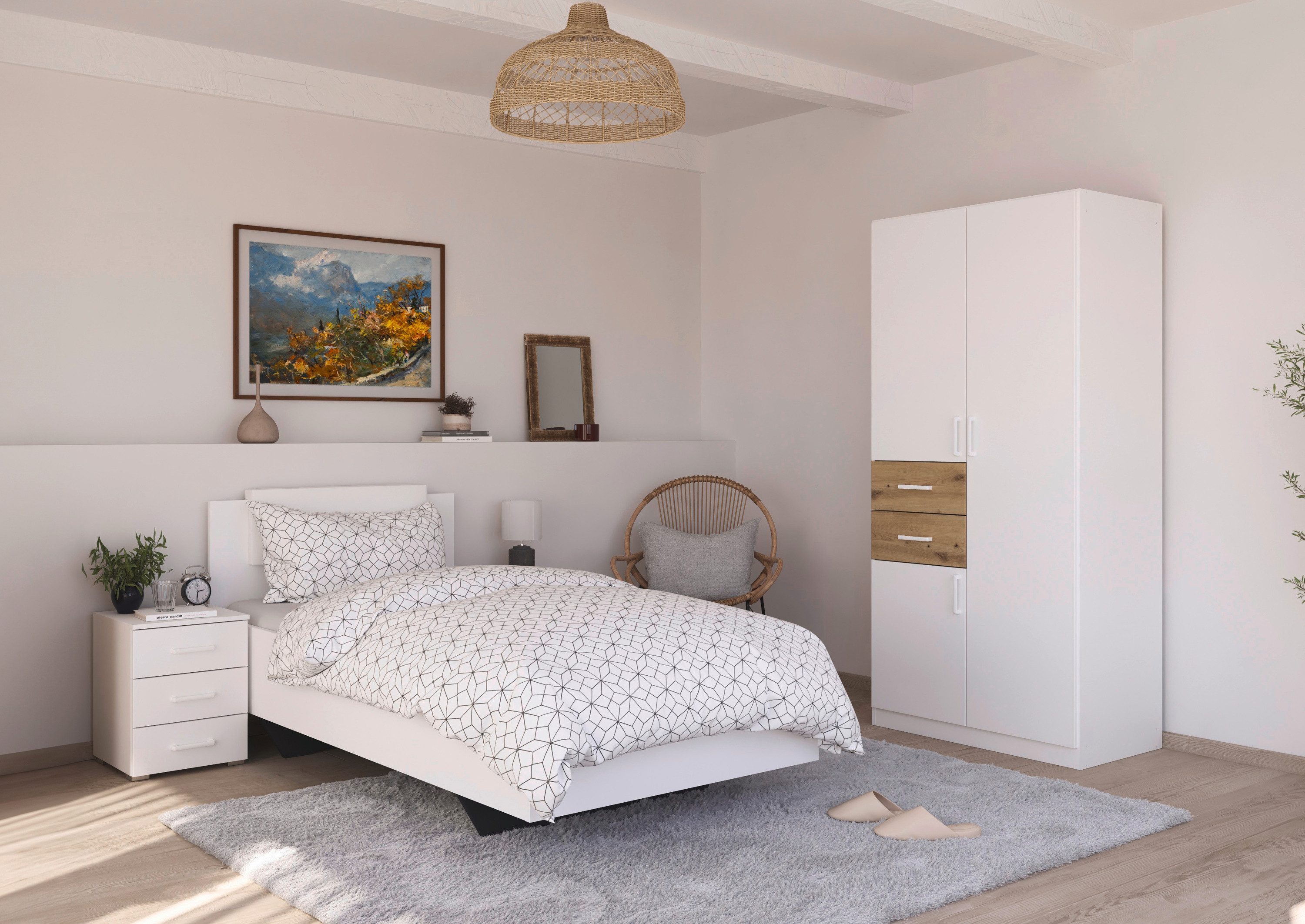 rauch Schlafzimmer-Set Komplettzimmer Komplettschlafzimmer Schlafzimmer-Set (3-St) MAIKA, (Set, 3-tlg), Schrank 3 Breiten, 2 Höhen, Bett 100 cm, Nachttisch MADE IN GERMANY