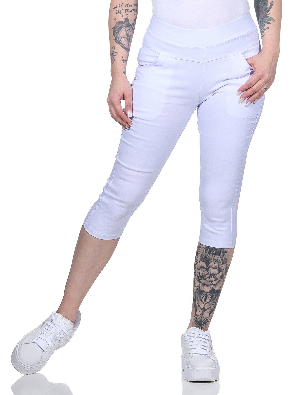 Aurela Damenmode Caprihose Caprijeans leiche Sommer Capri Hose Damen mit elastischem Bund, in großen Größen erhältlich Weiß