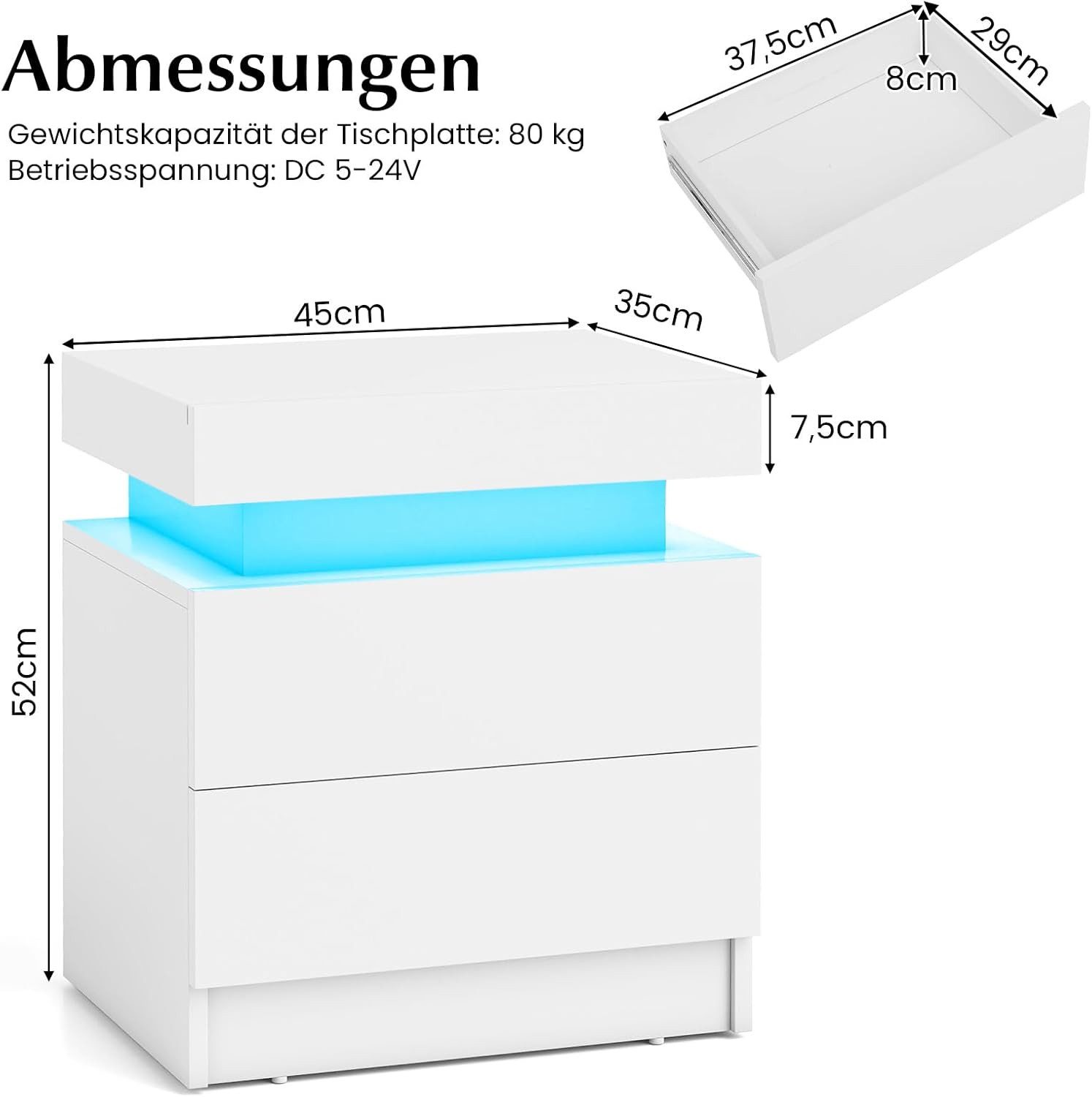 KOMFOTTEU Nachttisch, mit 2 Schubladen, LED-Beleuchtung günstig online kaufen