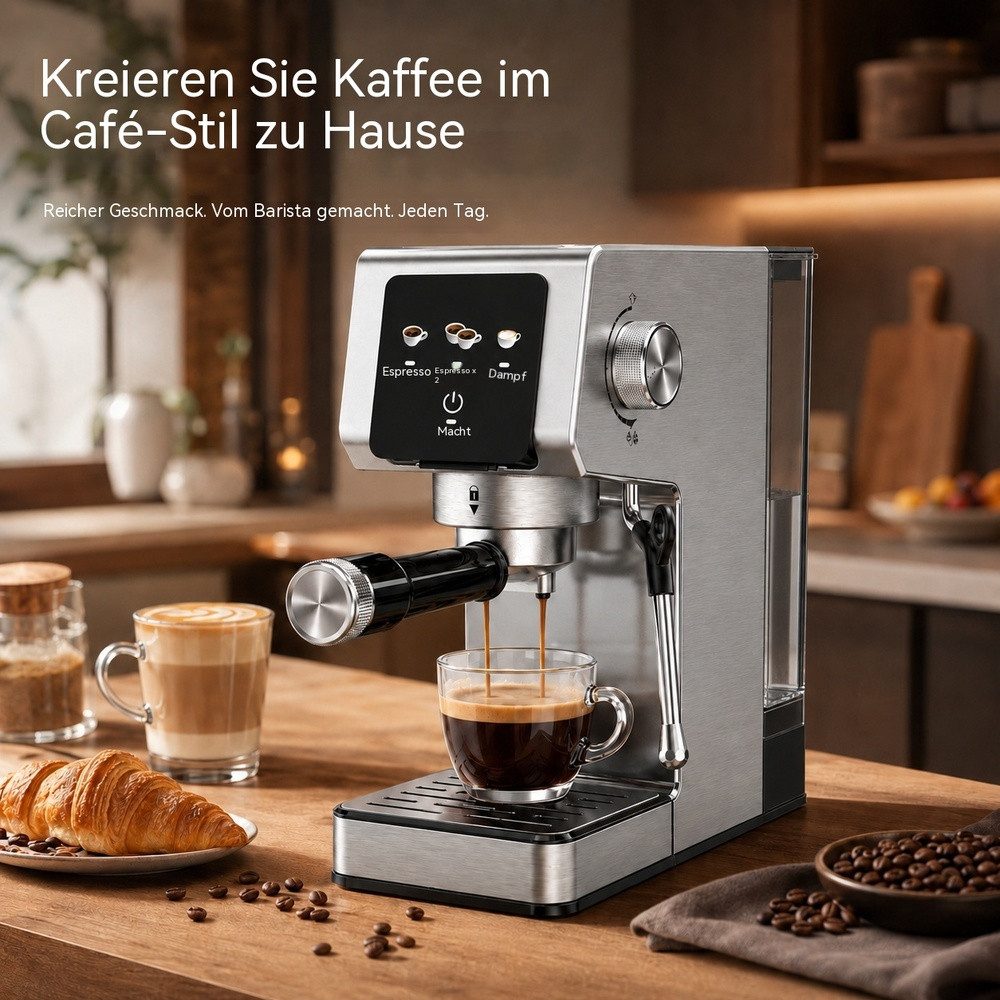 TWUFY Espressomaschine 20 bar 1300 W Siebträgermaschine mit Milchaufschäumer, Touchscreen, Filtersieb, Kapseladapter, 1,2L Wassertank
