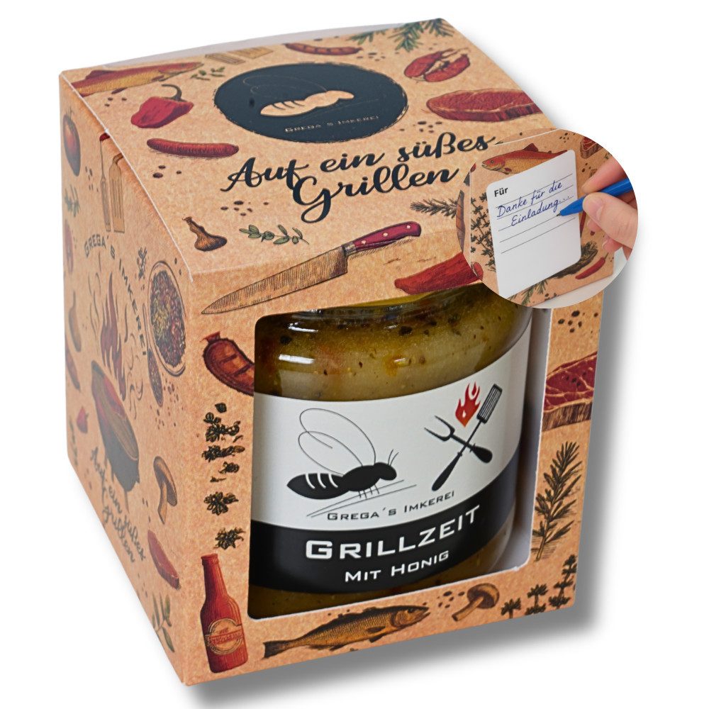 Grega´s Imkerei Grillsauce Honigsüße Geschenk Box Set, 1 x 250 g, (nach deiner Wahl, perfektes BBQ Gastgeschenk oder Mitbringsel für Grill begeisterte), Honigsüße Grillspezialitäten direkt vom Imker
