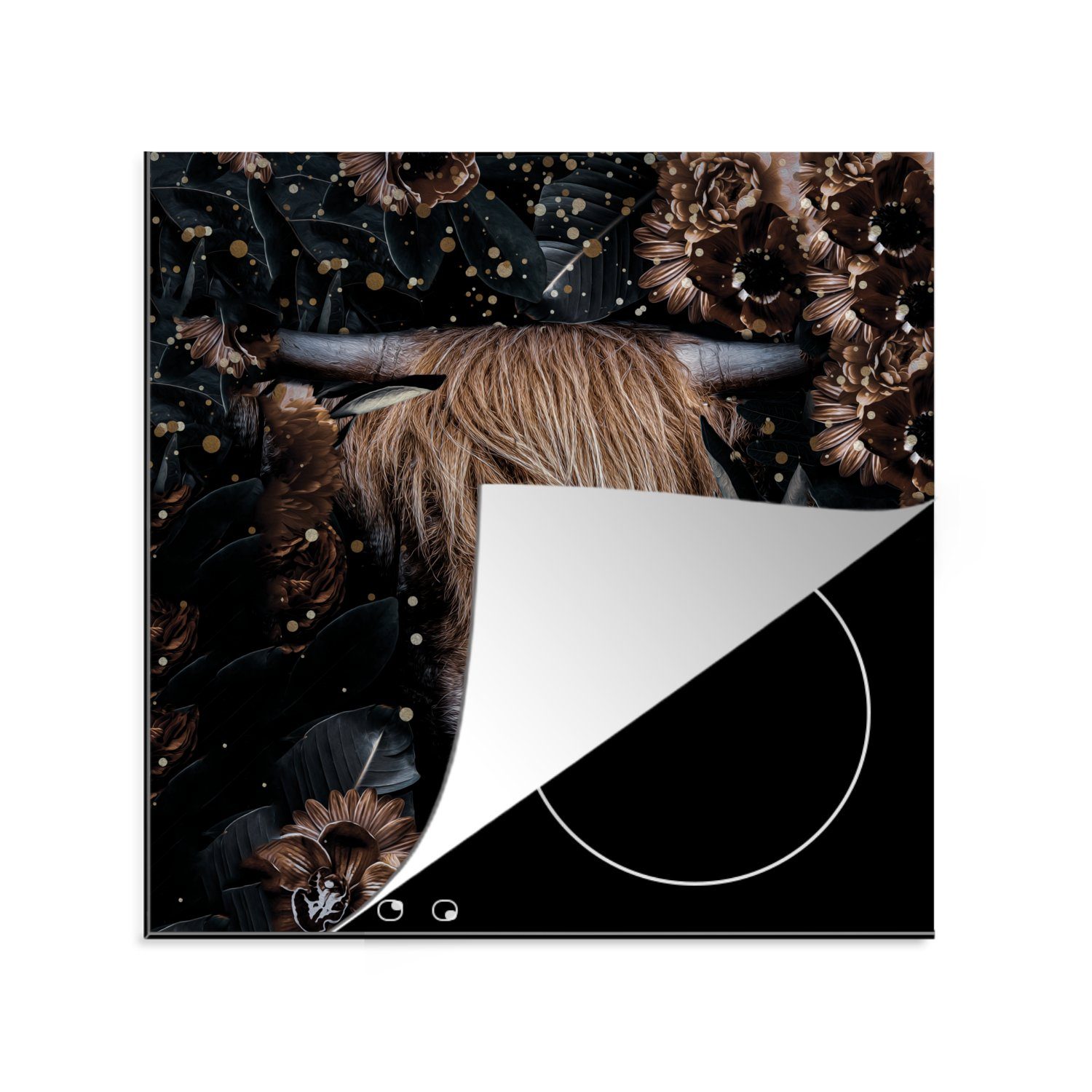 MuchoWow Herdblende-/Abdeckplatte Schottische Highlander - Kühe - Blumen - Licht, Vinyl, (1 tlg), 78x78 cm, Ceranfeldabdeckung, Arbeitsplatte für küche
