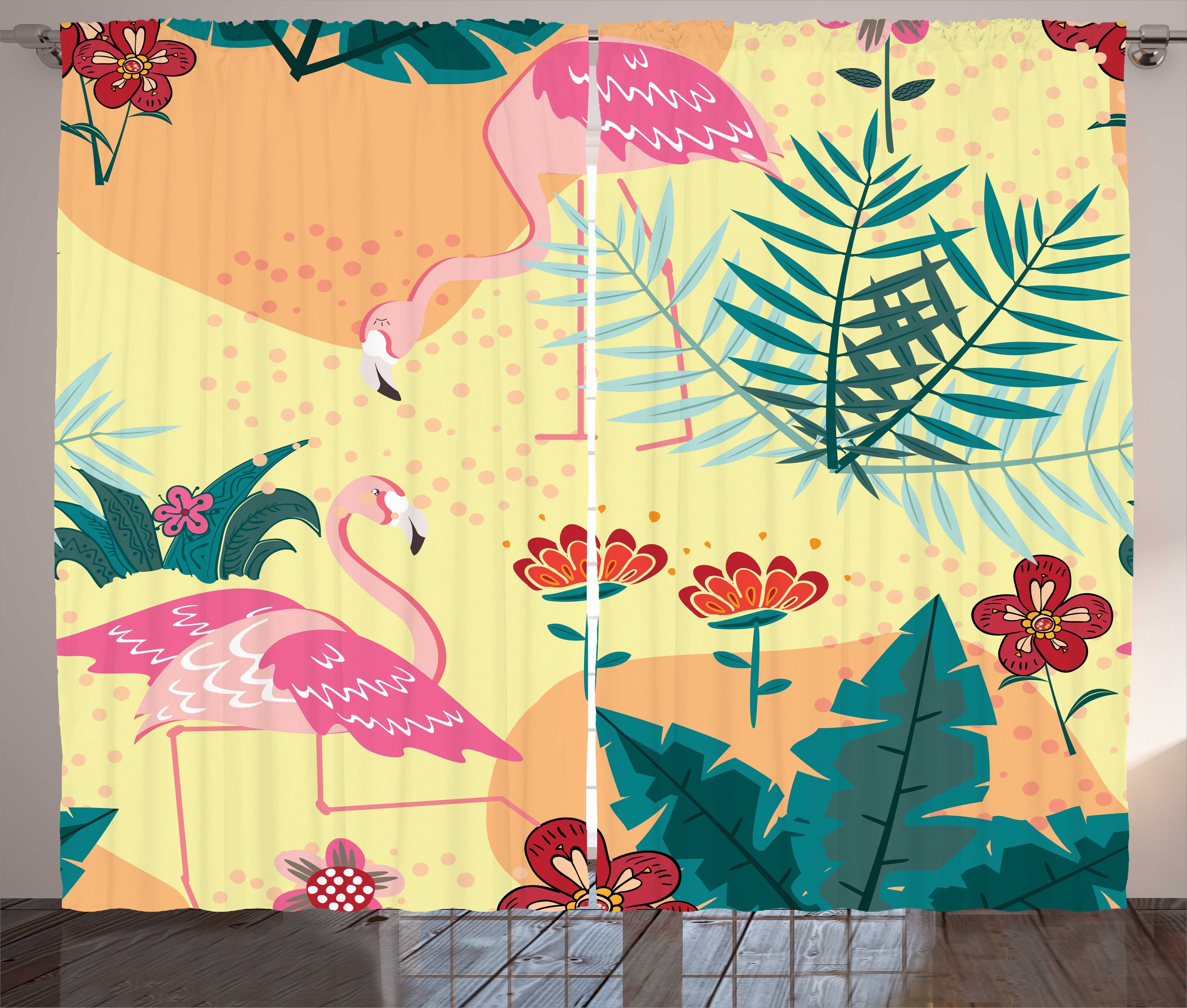 Gardine Schlafzimmer Kräuselband Vorhang mit Schlaufen und Haken, Abakuhaus, Flamingo Abstrakte Tropical Doodle