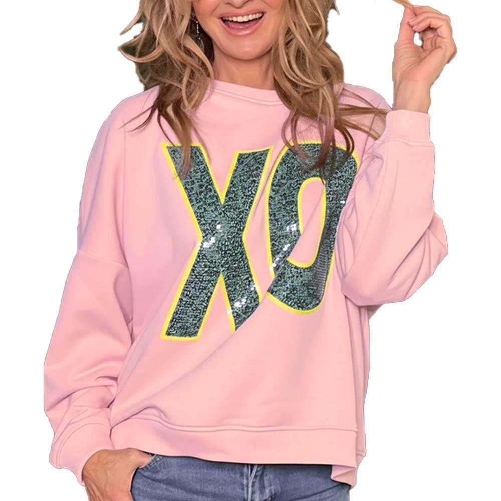 Miss Goodlife Sweatshirt MG 13906 Roundneck „XO Paillette“ – Rosa, mit Glitzer-Frontprint