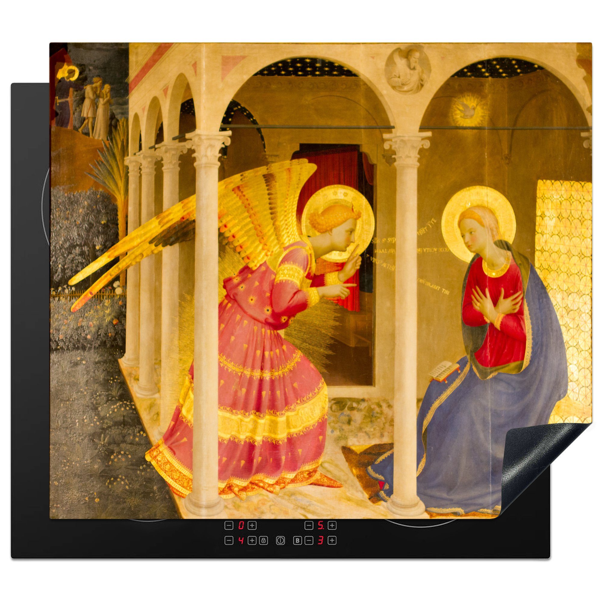 MuchoWow Herdblende-/Abdeckplatte Die Verkündigung - Gemälde von Fra Angelico, Vinyl, (1 tlg), 60x52 cm, Mobile Arbeitsfläche nutzbar, Ceranfeldabdeckung