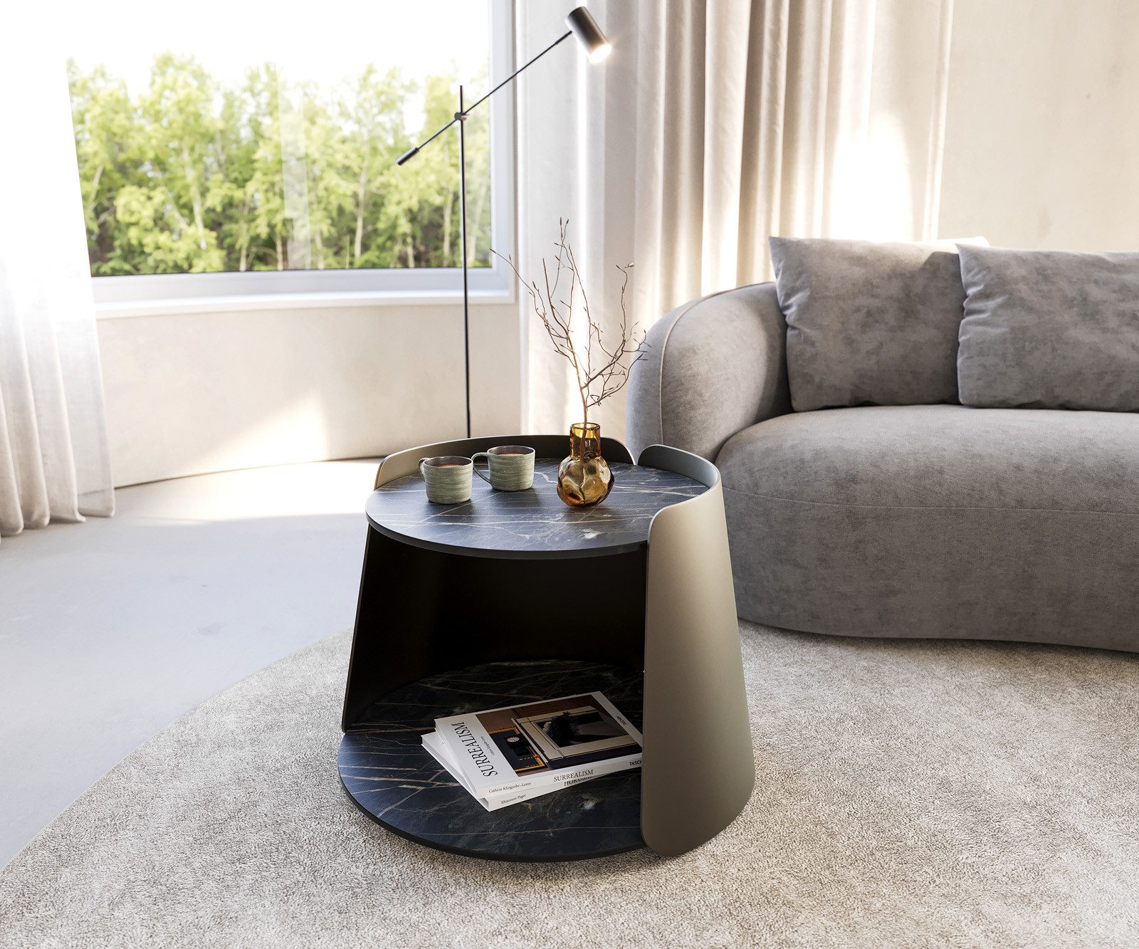 DELIFE Couchtisch Daban, Keramik Laminam®Noir Desir Braun 59x59 cm Gestell Metall Titanfarbig