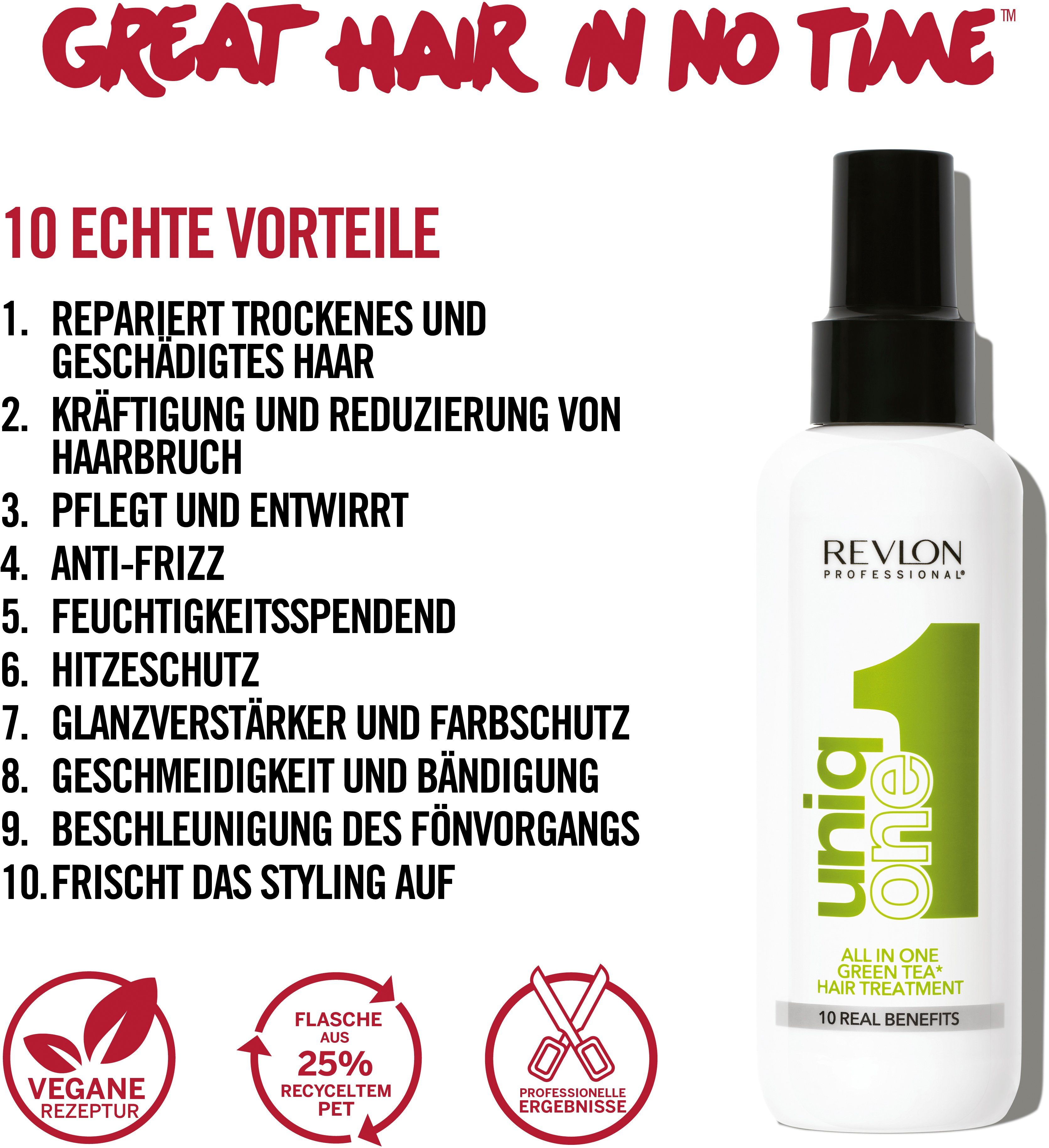 REVLON PROFESSIONAL Leave-in Pflege UNIQONE HAIR TREATMENT GREEN TEA FRAGRANCE, Sprühkur mit zehn Vorteilen für trockenes und strapaziertes Haar.