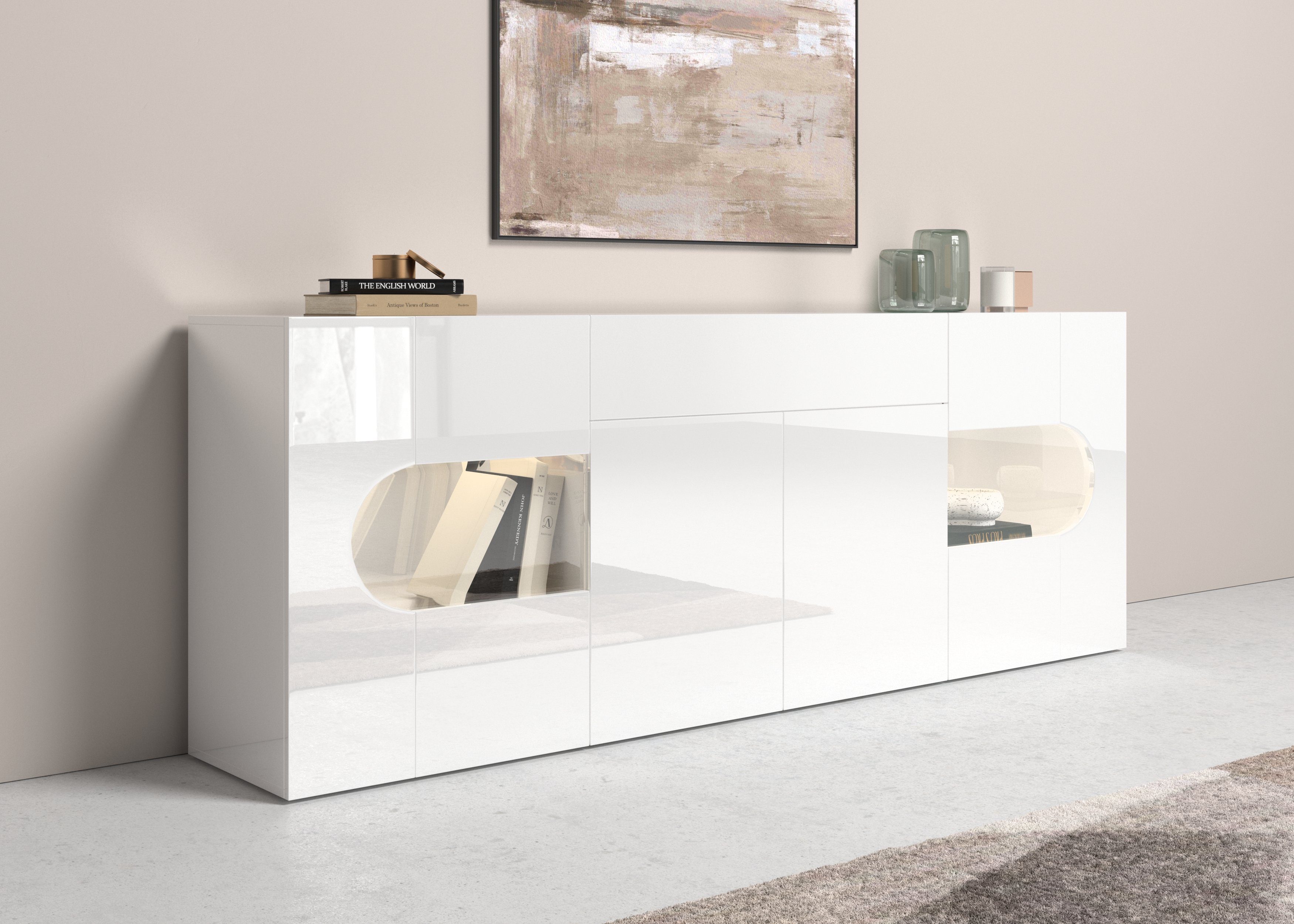 INOSIGN Sideboard Real,Vitrine,Kommode,Schrank,Breite 220 cm komplett hochglanz lackiert, mit 4 Türen davon 2 Glastüren und 1 schublade ohne Griff