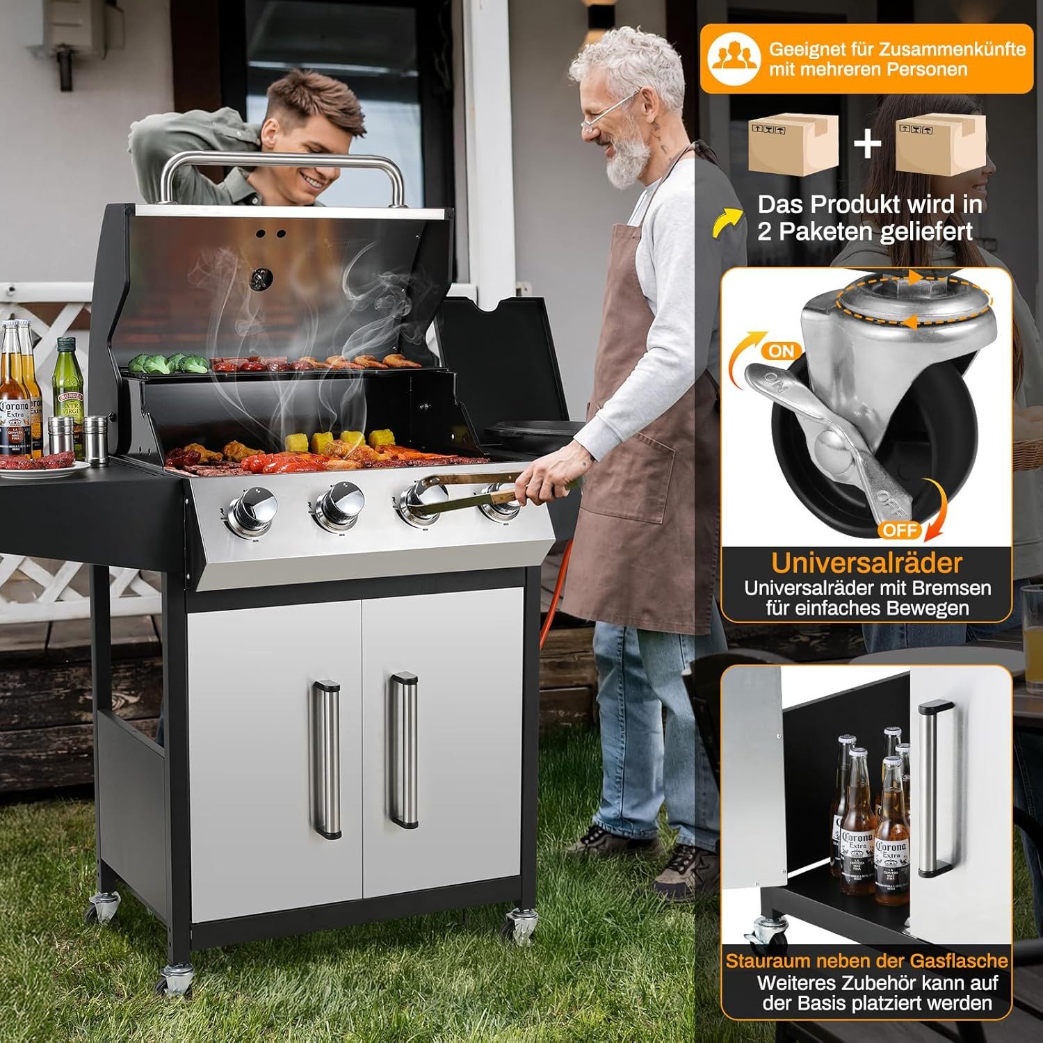 TLGREEN Gasgrill 4+1 Brenner,15 kw Gas Grillwagen BBQ mit Seitenkochfeld, Standgrill DE I3B/P(50) Gasdruckregler, Grillküche Camping Garten(Butan/Propan)