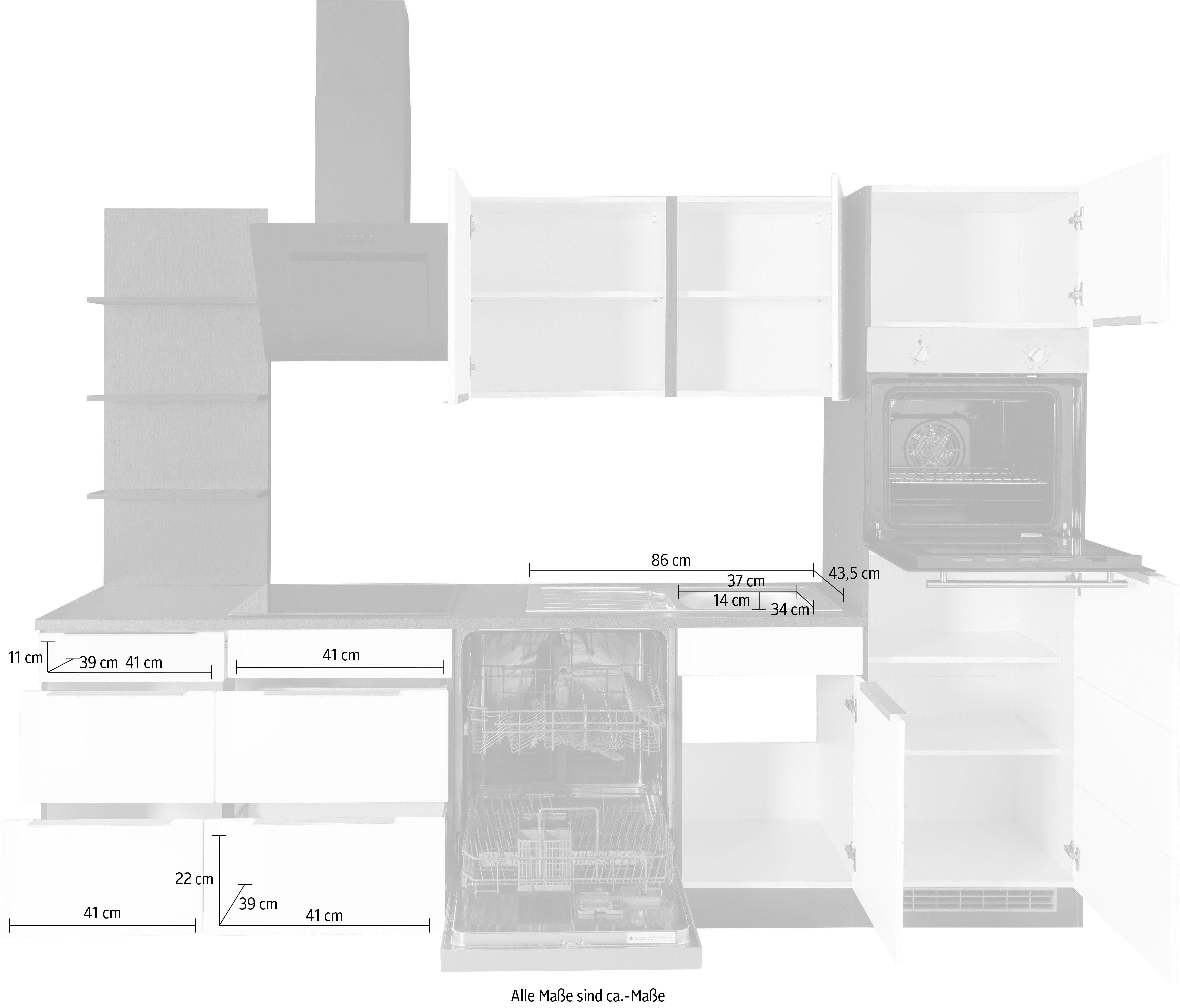 Hochglanz/eichefarben MÖBEL mit cm eichefarben | schwarz 280 Breite HELD Küchenzeile E-Geräten, Brindisi,