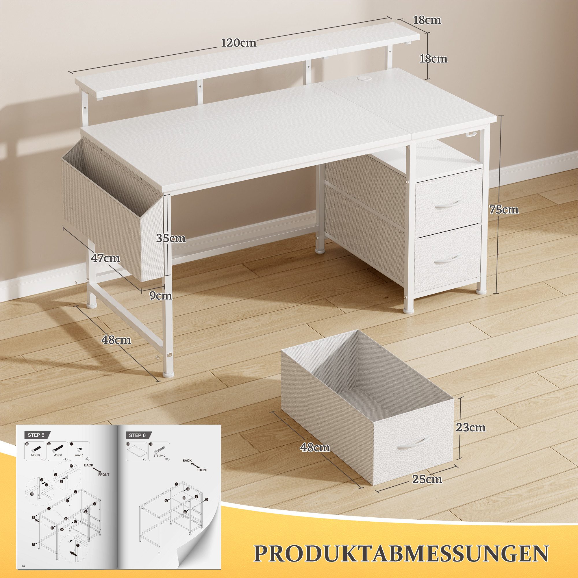 Klyvvo Eckschreibtisch Computertisch, Schreibtisch mit 2 Schubladen Bieten Stauraum (1-St., mit Monitorständer, 2 Ablagehaken), Kompakte Maße Passen Gut in Studierende, Home-Office-Arbeiter