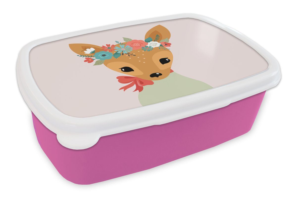 MuchoWow Lunchbox Hirsche - Pastell - Blumen, Kunststoff, (2-tlg), Brotbox für Erwachsene, Brotdose Kinder, Snackbox, Mädchen, Kunststoff rosa