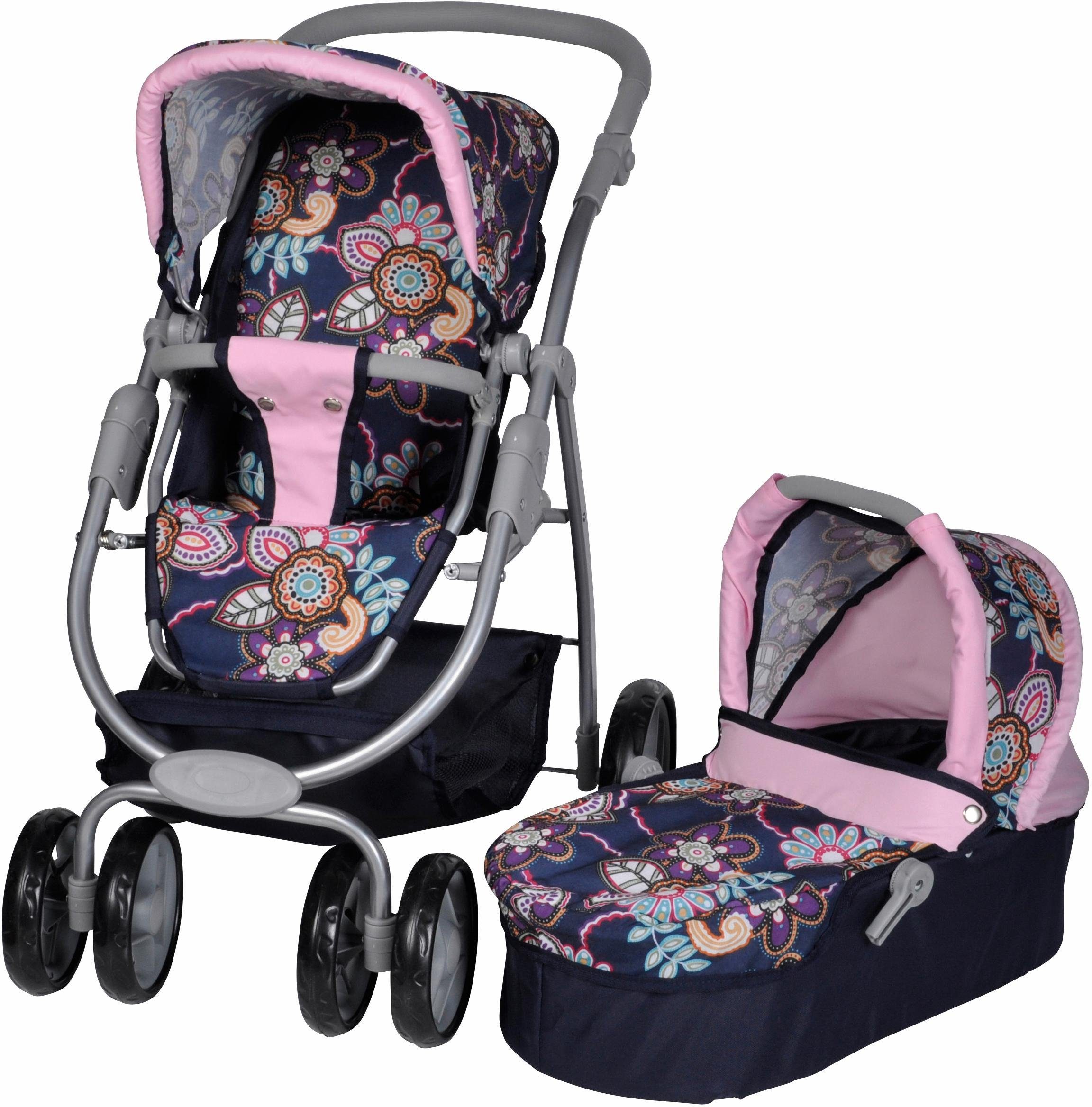 Knorrtoys® Комбі лялькова коляска Coco - Blau/Rosa/Blumen, 2-in-1