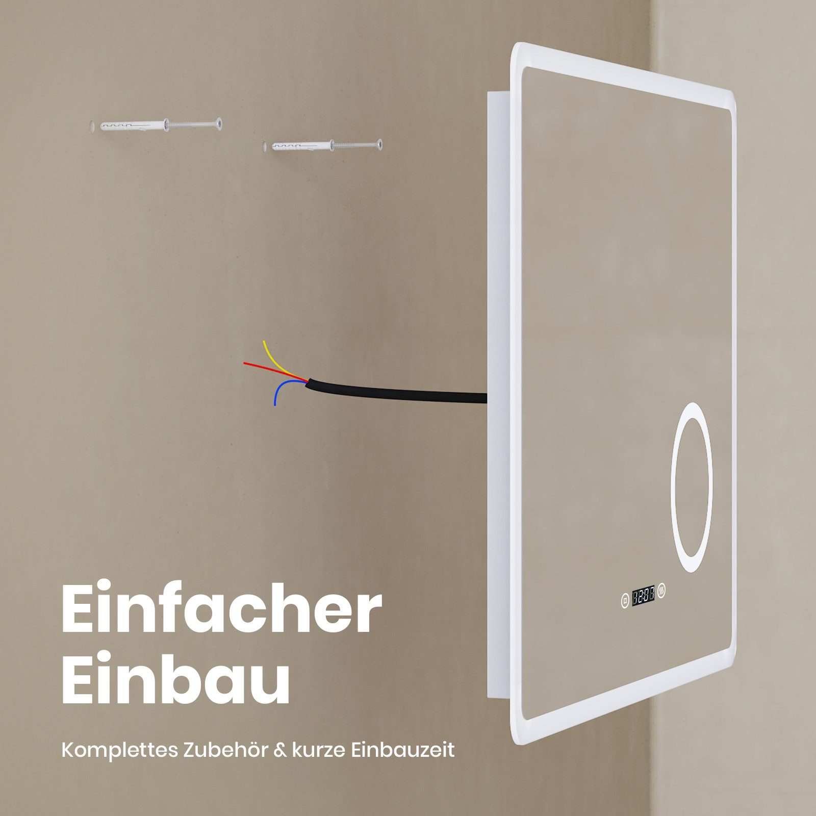 EMKE Badspiegel LED Badezimmerspiegel mit Beleuchtung Schminkspiegel 3-fach (Breite: 80~100cm, Touchschalter), 3 Lichtfarben, dimmbar, Antibeschlag, Uhr, Touch, – Bild 5 von 5