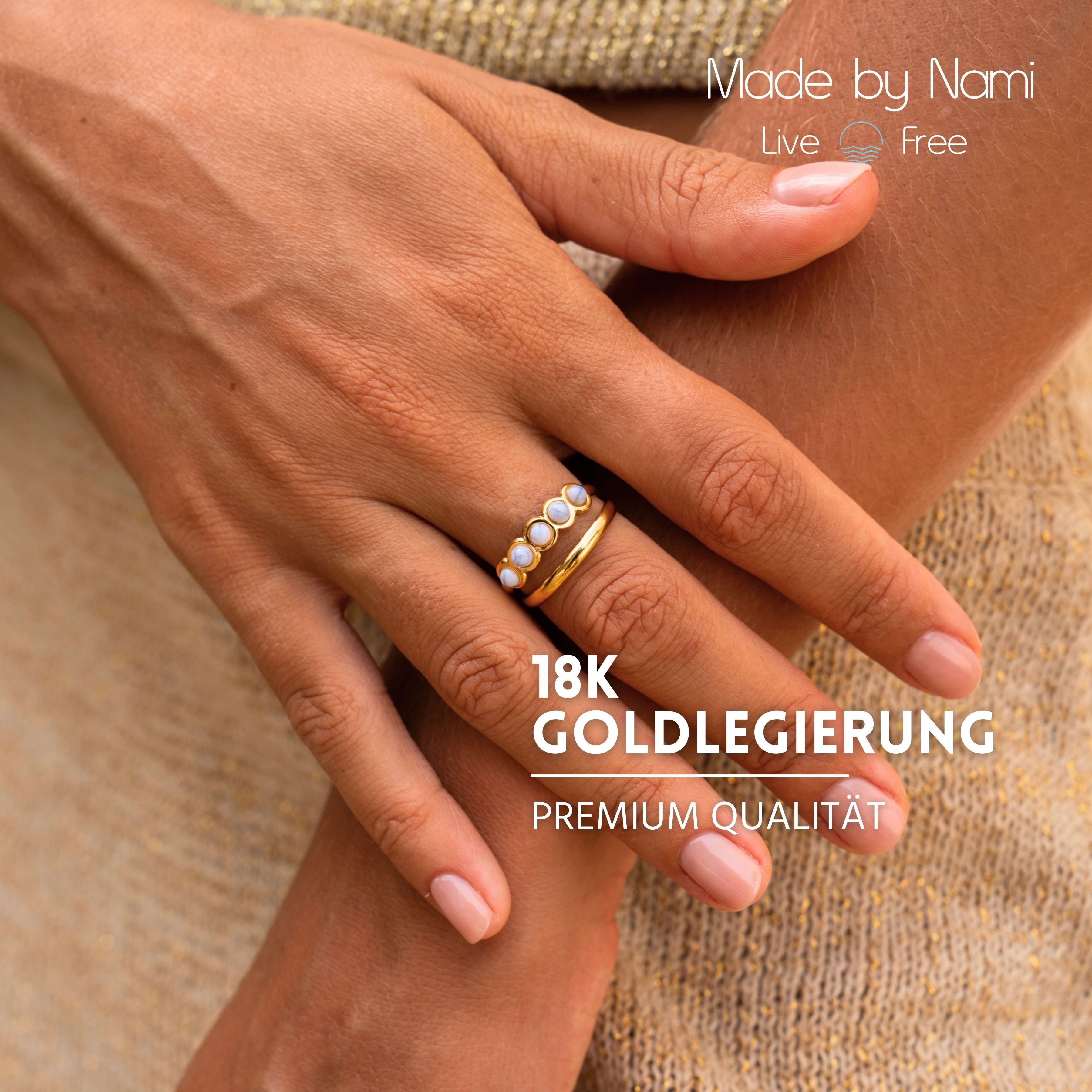 Made by Nami Fingerring Damen Gold aus Chirurgischem Edelstahl Edelstein Doppel-Weiß-Design, Verstellbar Boho Schmuck Wasserfester Schmuck Festival Accessoires – Bild 4 von 5
