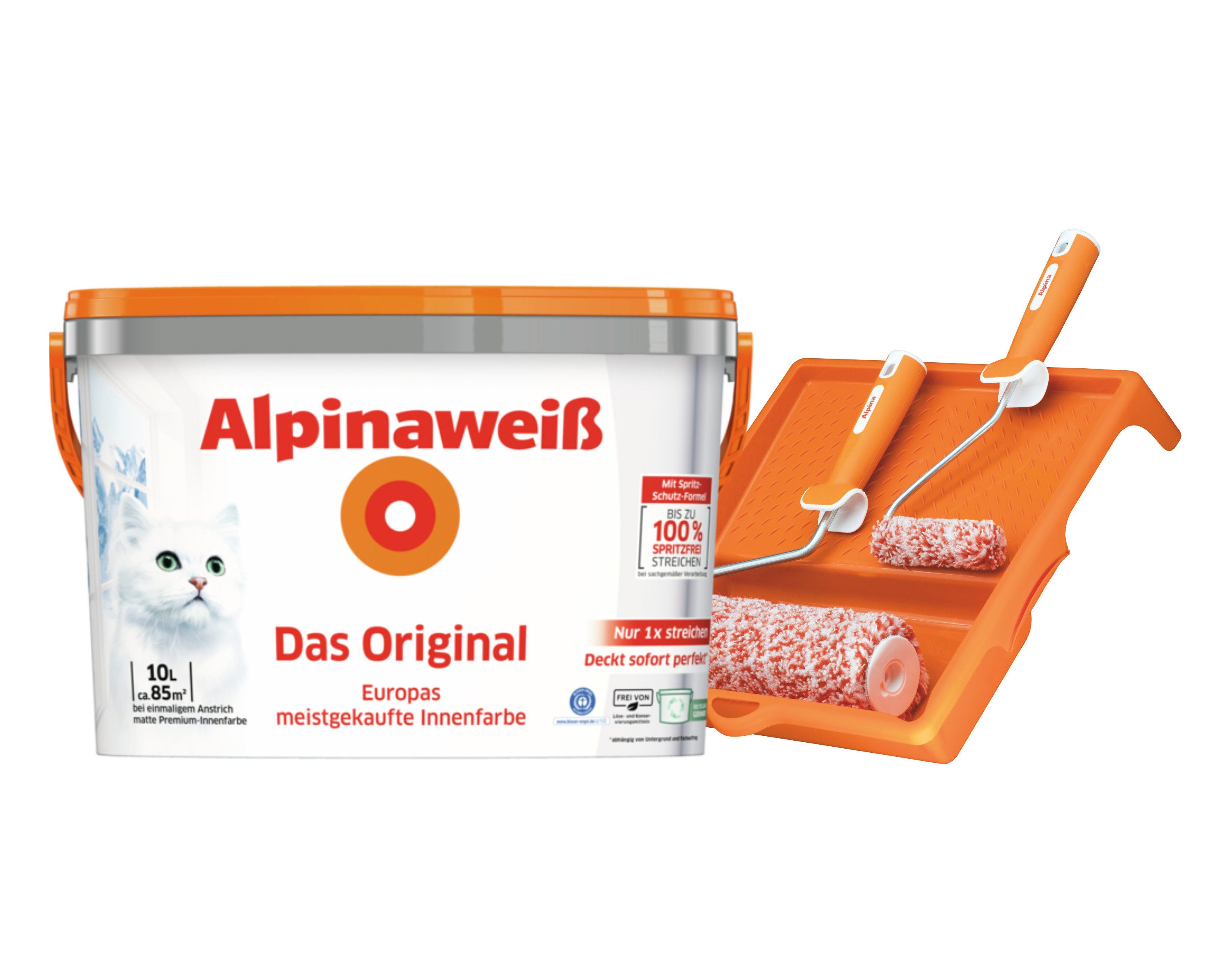 Alpina Wandfarbe - SET - Alpinaweiß Das Original 10L – inkl. Roller-Set und Farbwanne
