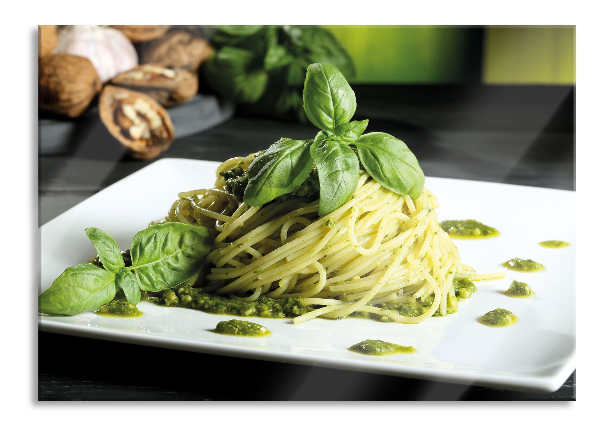 grünem (1 mit Aufhängungen Pesto, mit aus Spaghetti St), inkl. Glasbild und Pesto Pixxprint Abstandshalter grünem Spaghetti Echtglas, Glasbild