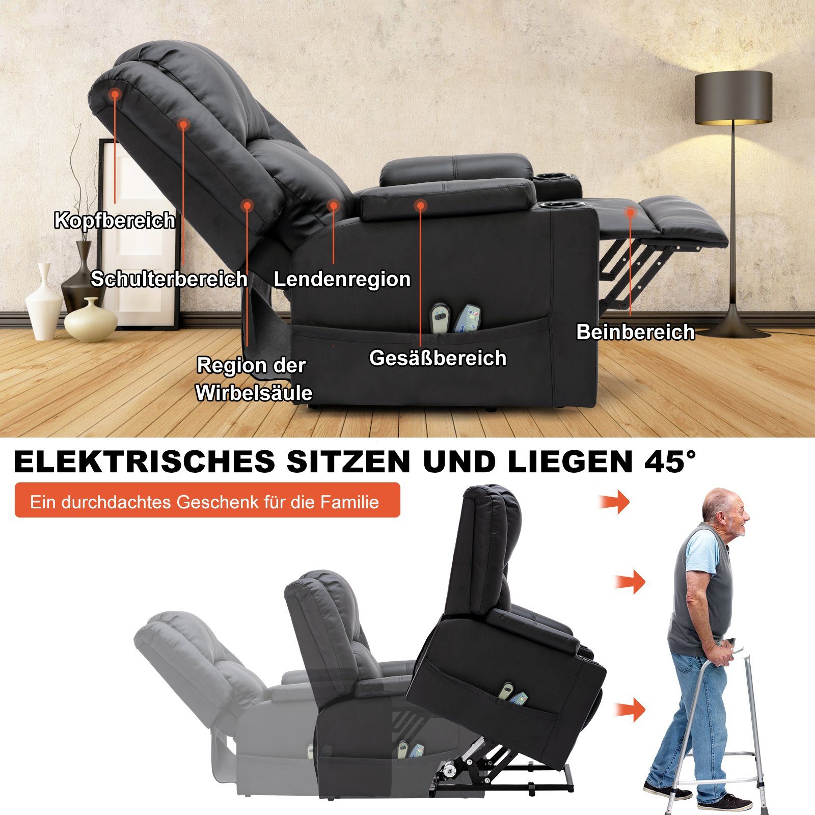 Seitentaschen schwarz Relaxsessel & Massagesessel und Heizung-Funktion COMHOMA 2 Menschen, ältere für Massage mit Getränkehalter, Powerlift-Liegestuhl